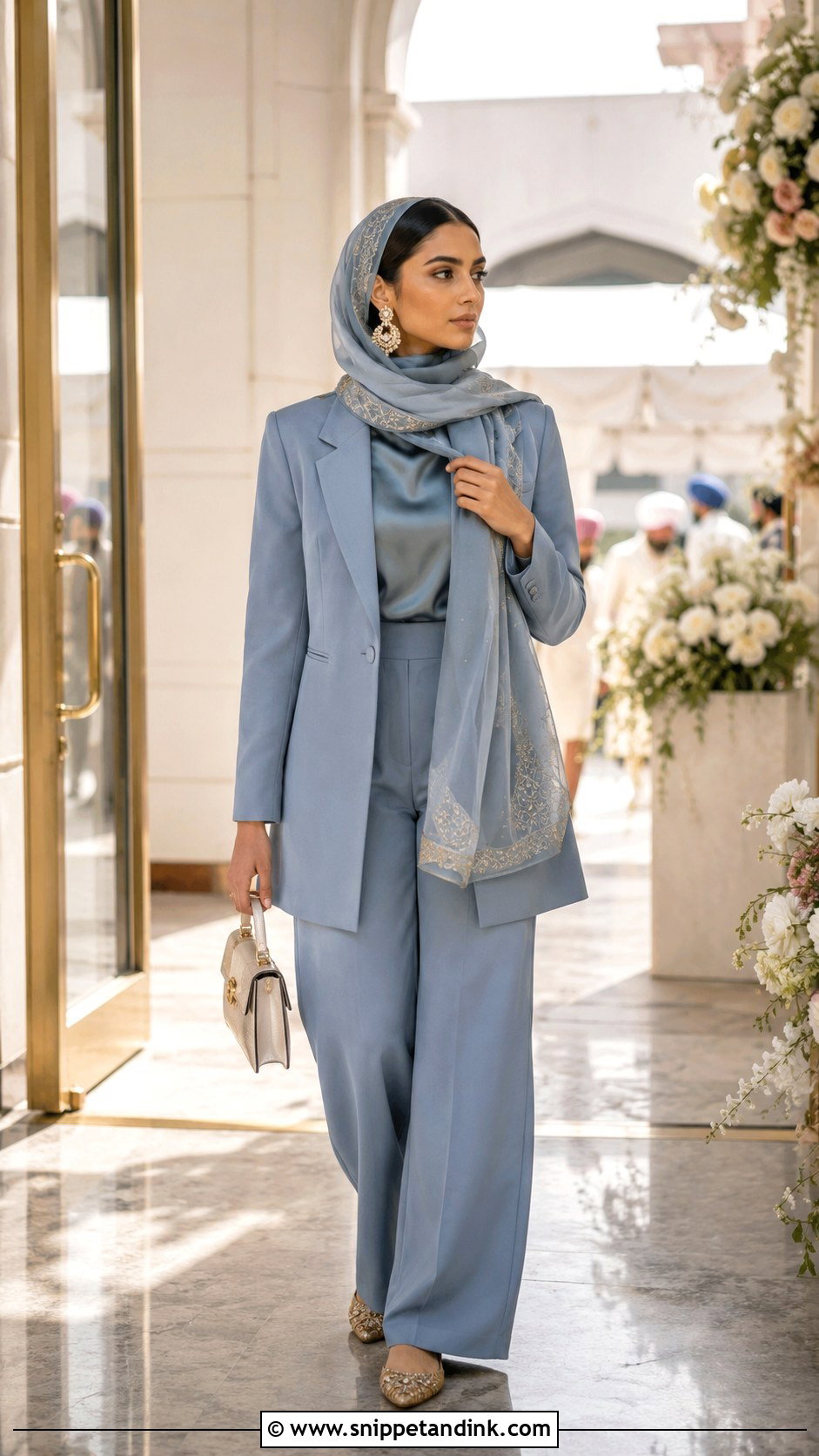 Tailored Pantsuit And Silk Scarf For Gurdwara Wedding - Snippet and Ink - 20 Gurdwara Wedding Outfit Ideas