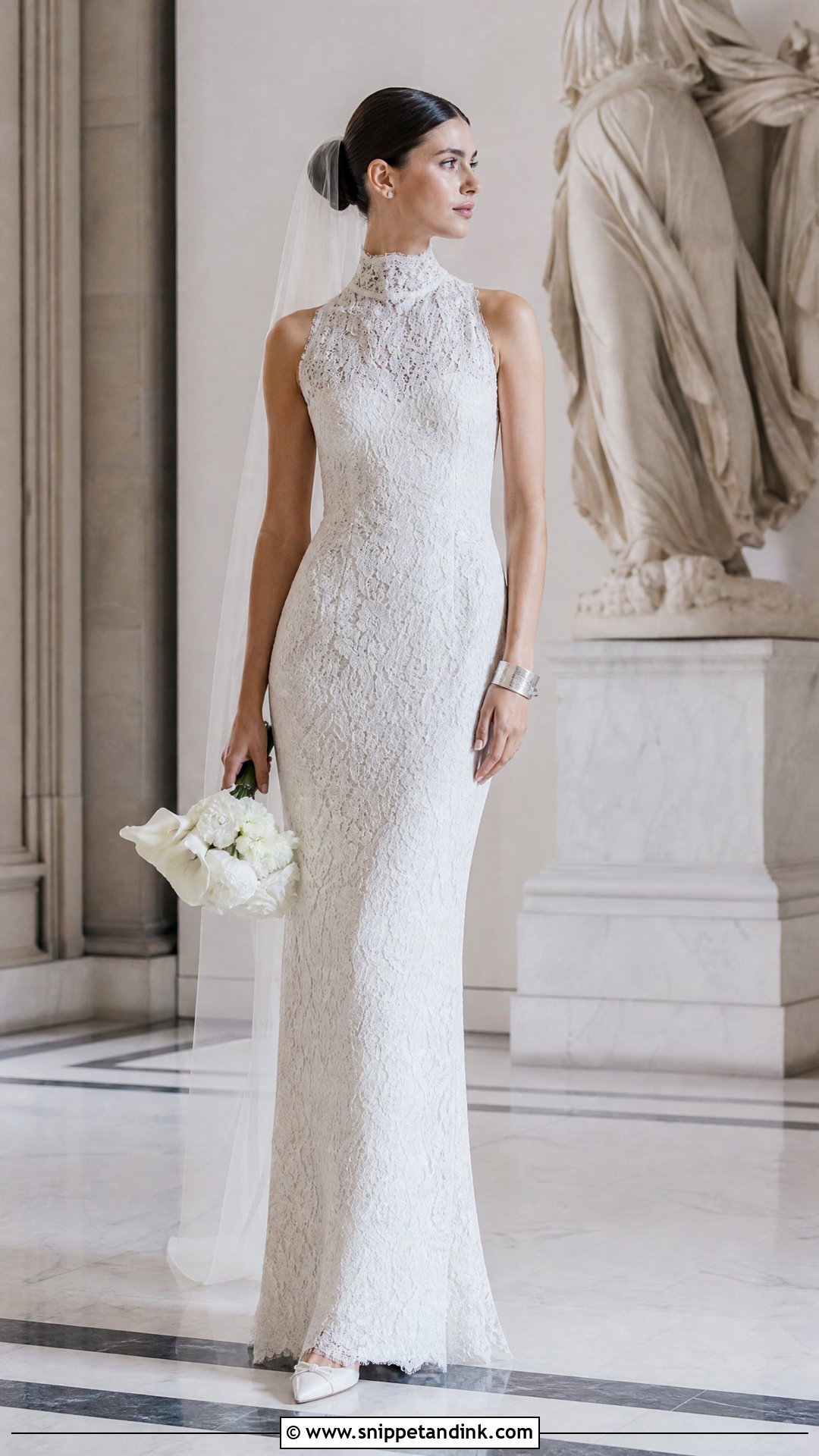 Tall Bride High Neck Wedding Dress With Sleek Bun - Snippet and Ink - 20 Tall Bride Ideas