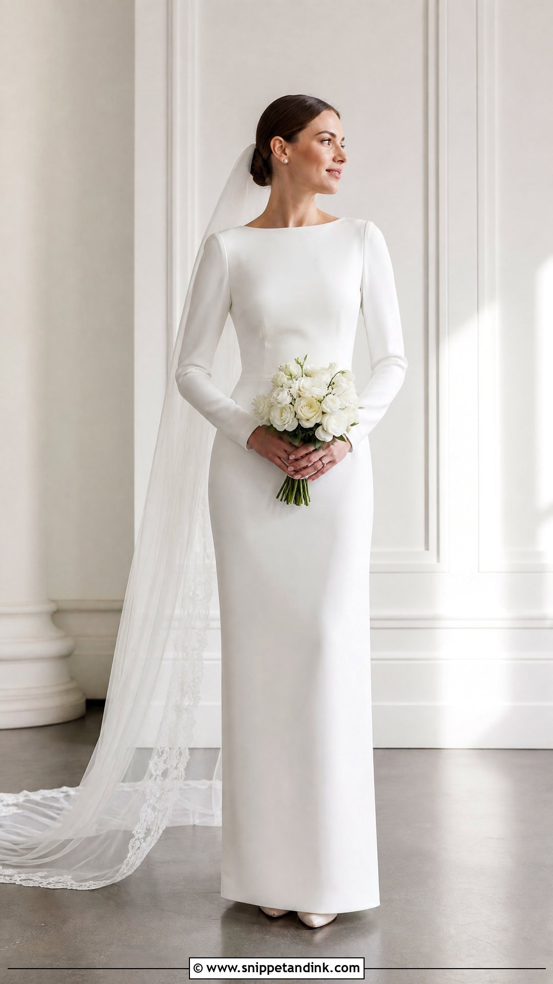 Tall Bride Long Sleeve Column Wedding Dress With Low Heels - Snippet and Ink - 20 Tall Bride Ideas