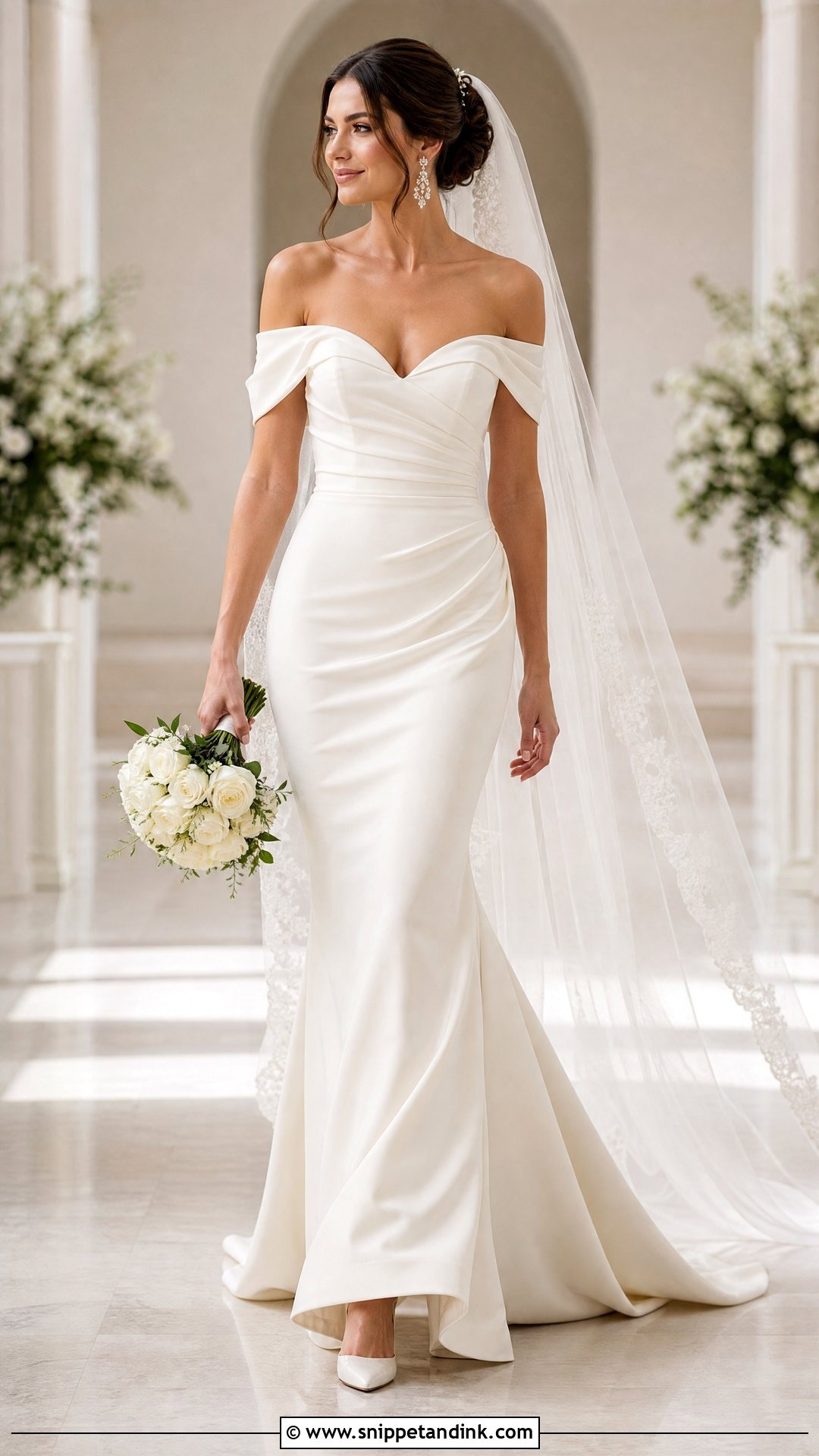 Tall Bride Off Shoulder Wedding Dress With Chapel Veil - Snippet and Ink - 20 Tall Bride Ideas