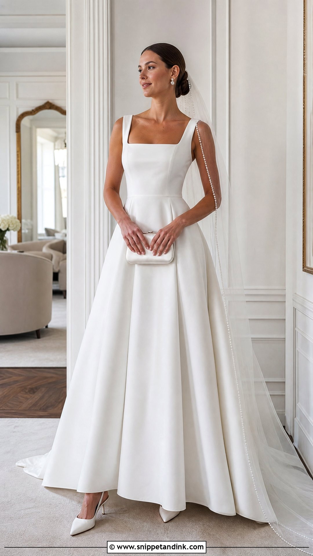 Tall Bride Square Neck Wedding Dress With Pearl Accessories - Snippet and Ink - 20 Tall Bride Ideas