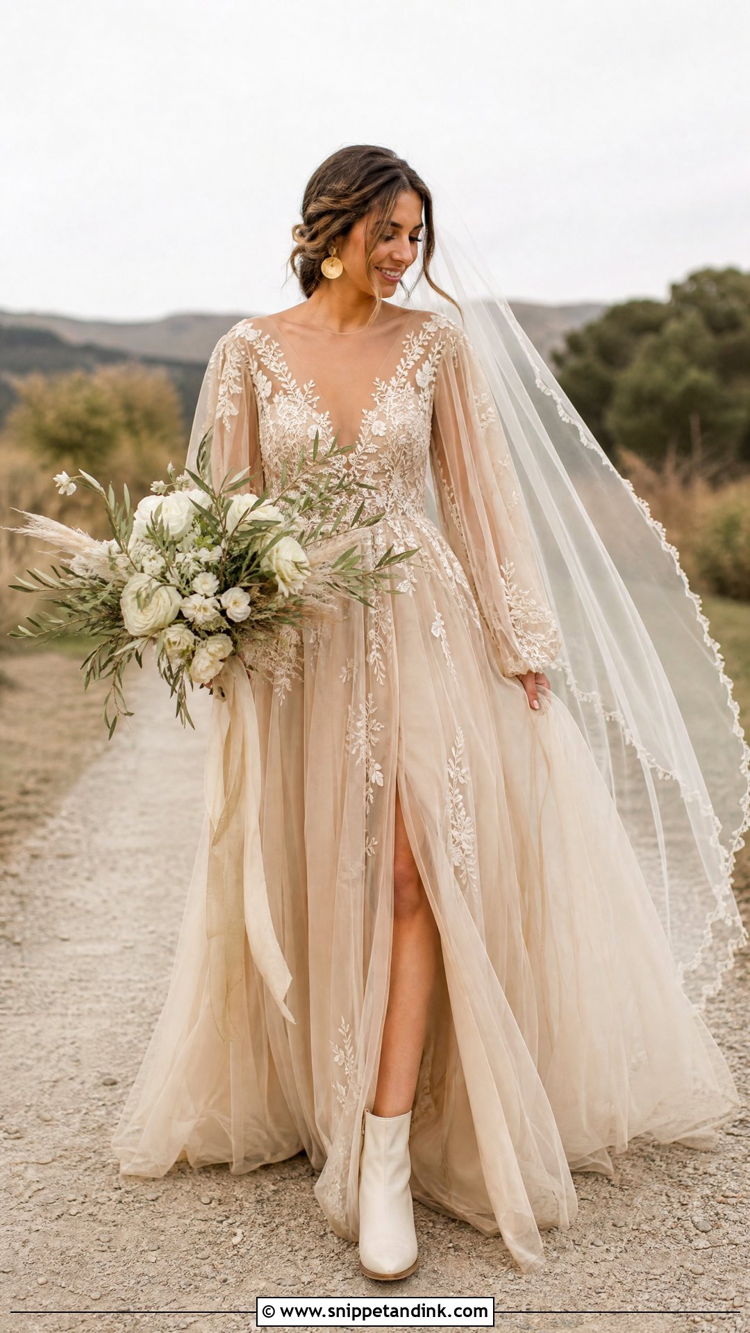 Tan Boho Wedding Dress With Sleeves - Snippet and Ink - 20 Tan Wedding Dress Ideas