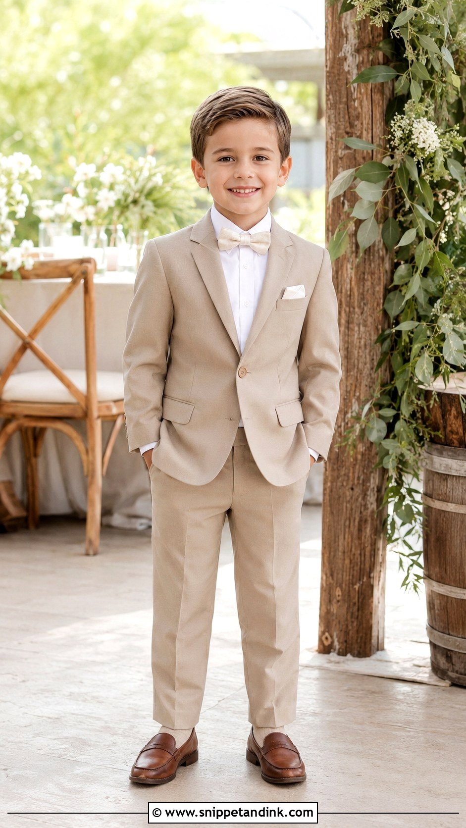 Tan Boys Wedding Tuxedo With Cream Bow Tie - Snippet and Ink - 20 Kids Tuxedo Boys Wedding Ideas