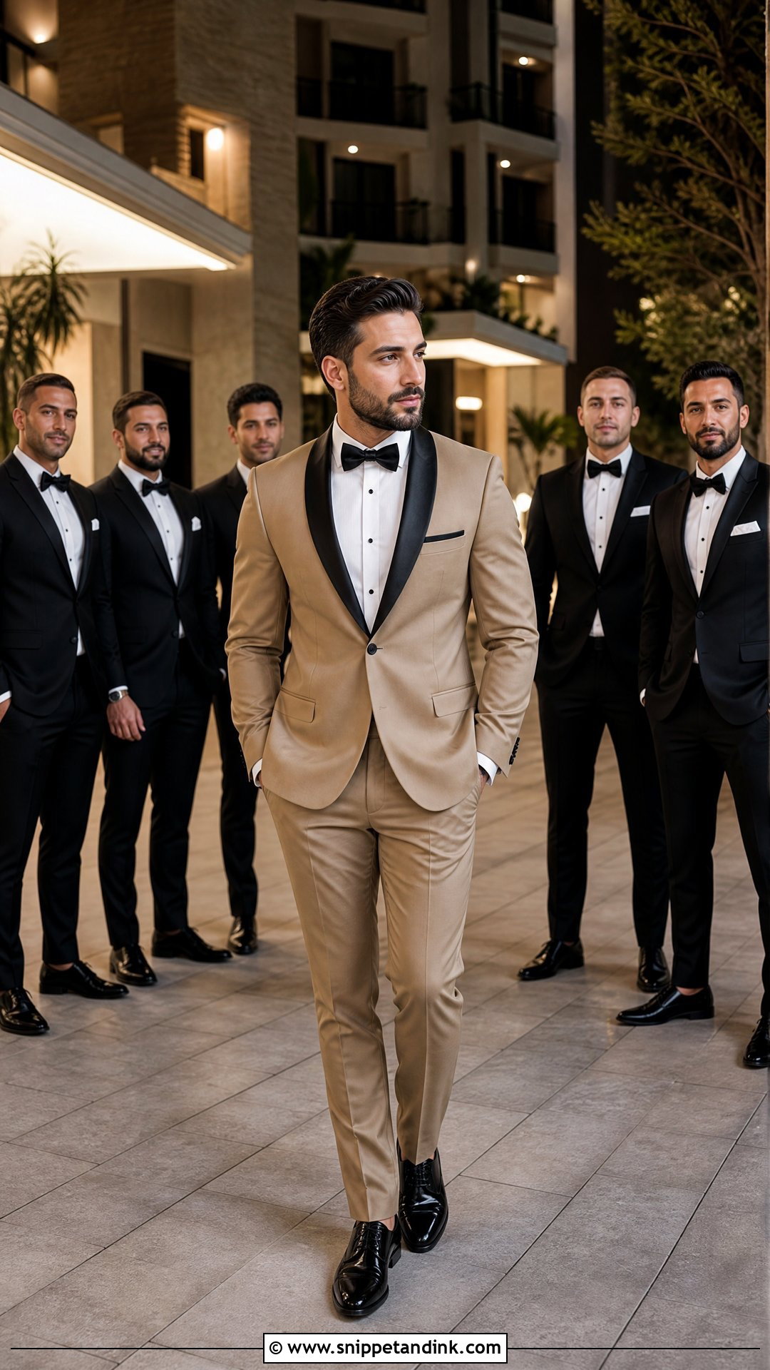 Tan Groom Tux With Black Groomsmen Tuxedos - Snippet and Ink - 20 Tan Tux Wedding Ideas