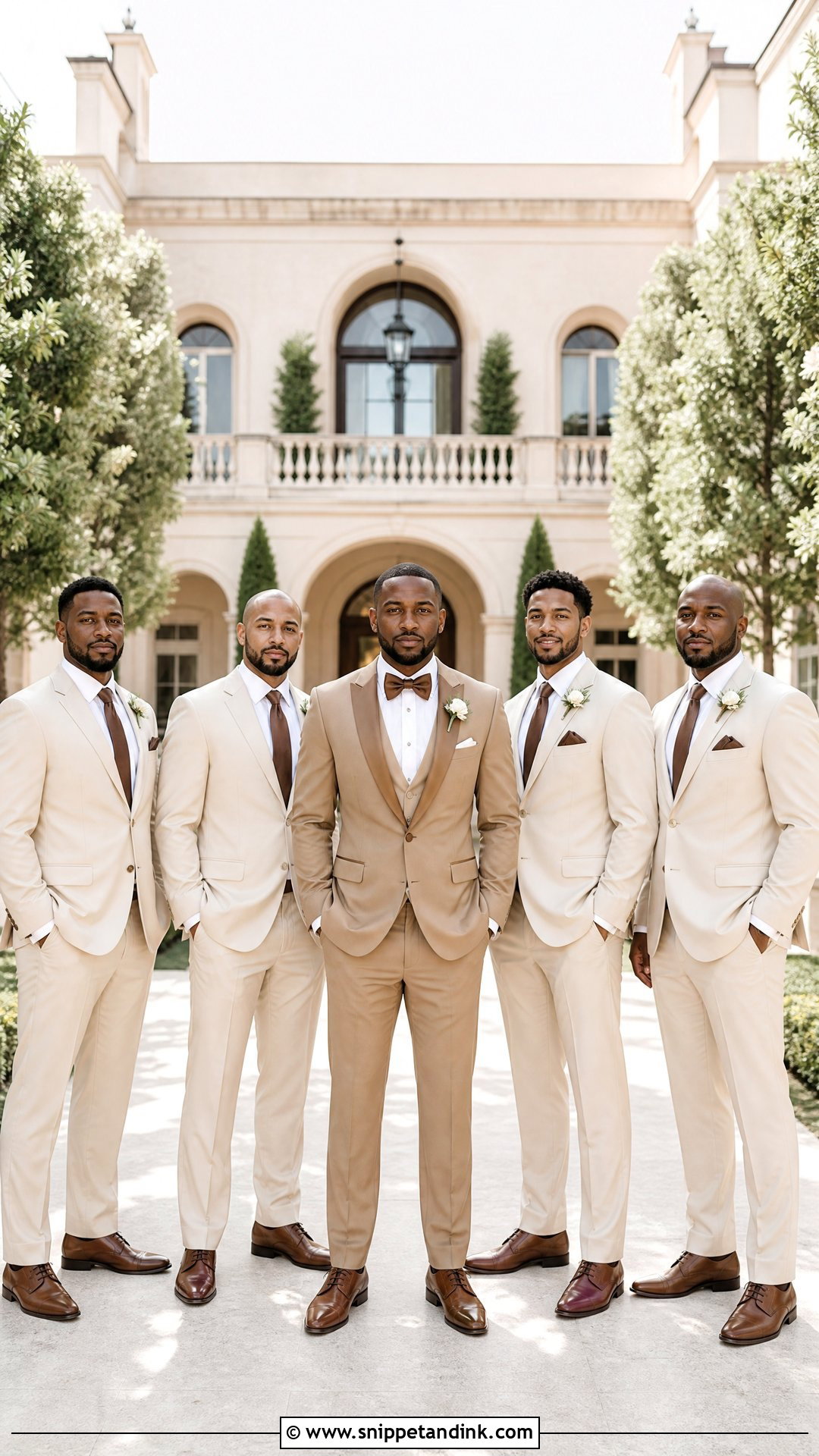 Tan Groom Tux With Cream Groomsmen Suits - Snippet and Ink - 20 Tan Tux Wedding Ideas