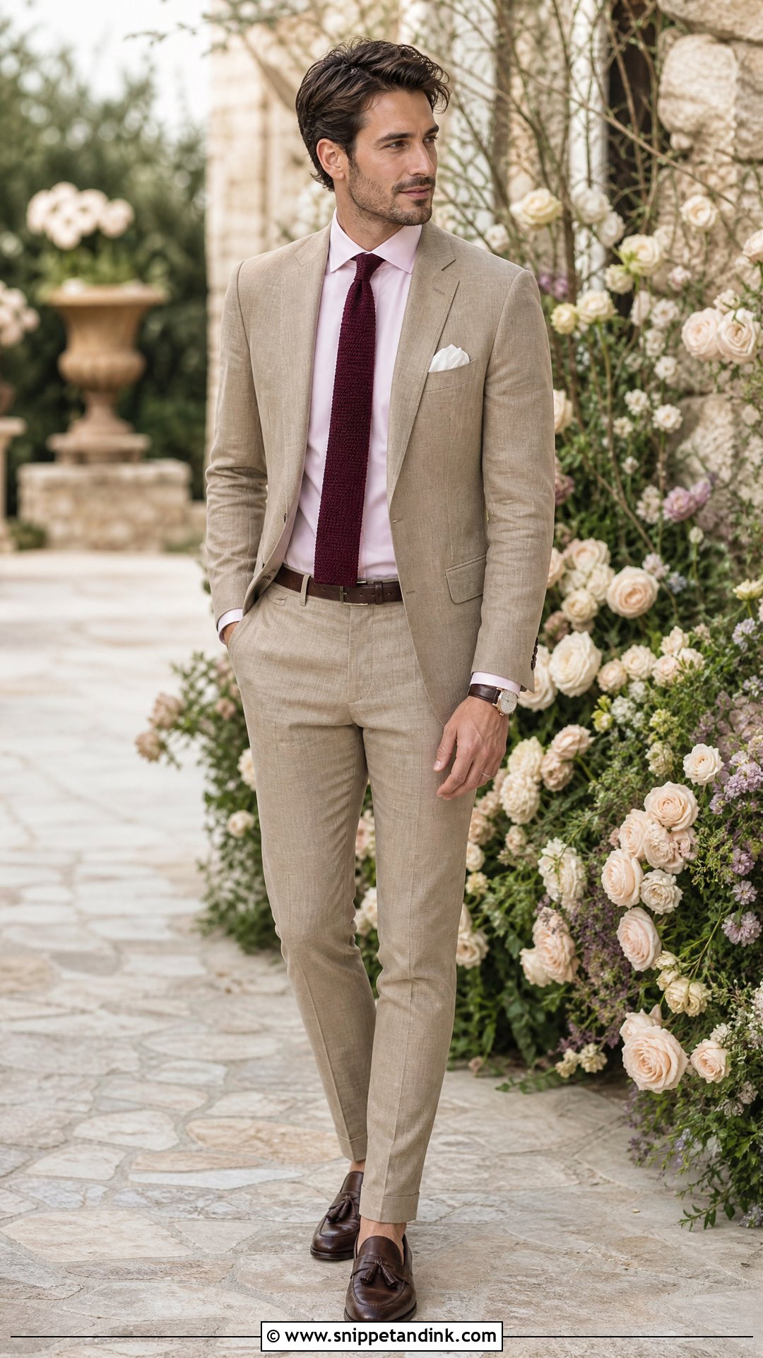 Tan Linen Suit With Blush Pink Shirt - Snippet and Ink - 20 Tan Linen Suit Wedding Ideas