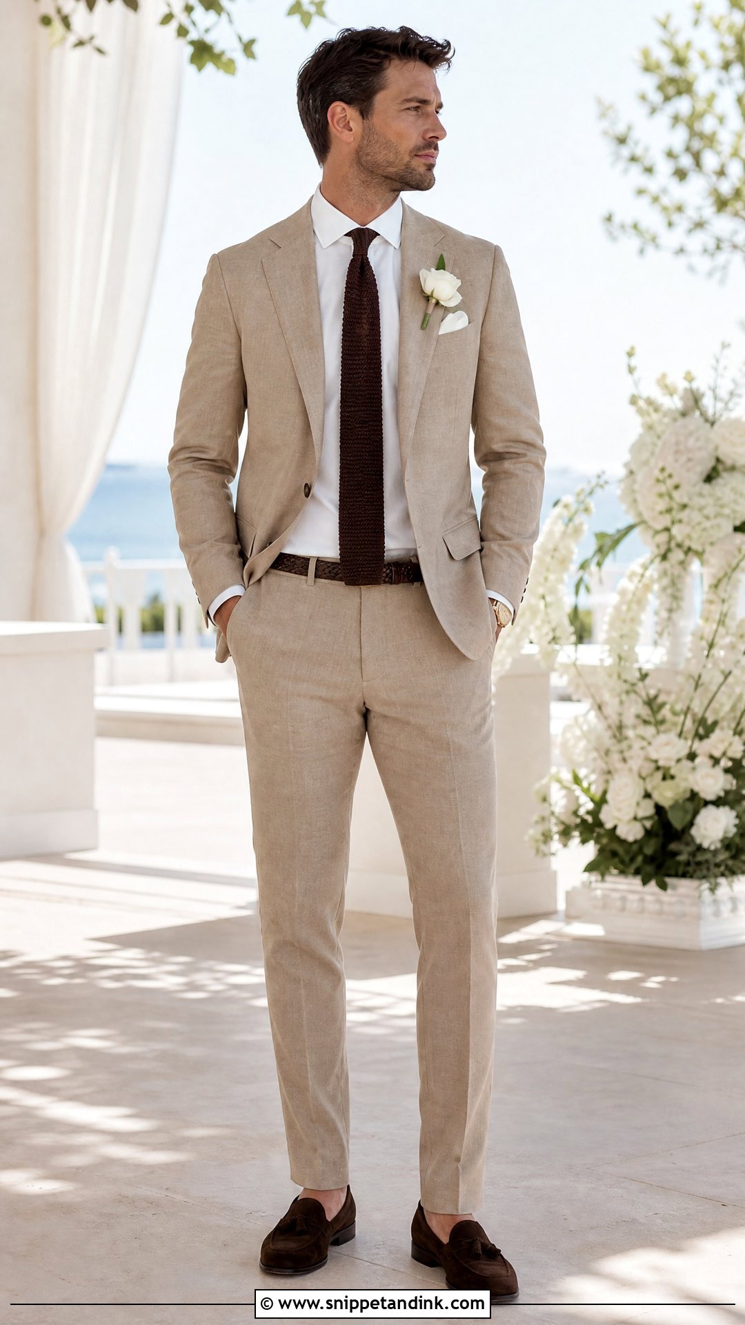 Tan Linen Suit With Brown Knit Tie - Snippet and Ink - 20 Tan Linen Suit Wedding Ideas