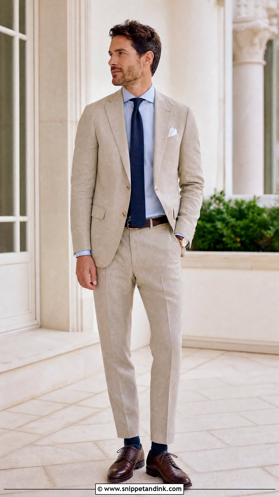 Tan Linen Suit With Navy Tie - Snippet and Ink - 20 Tan Linen Suit Wedding Ideas