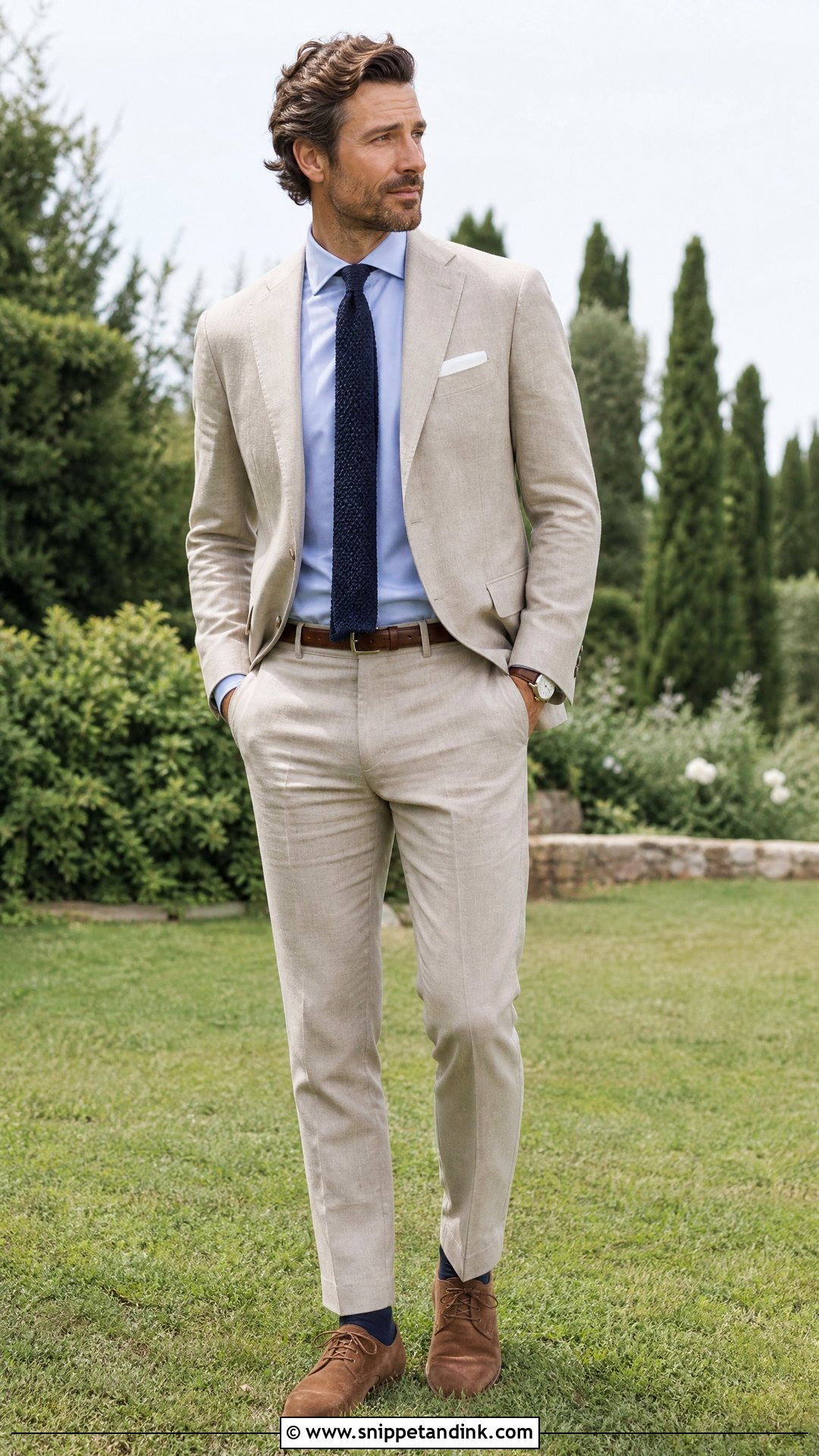 Tan Linen Suit With Suede Derbies - Snippet and Ink - 20 Tan Linen Suit Wedding Ideas