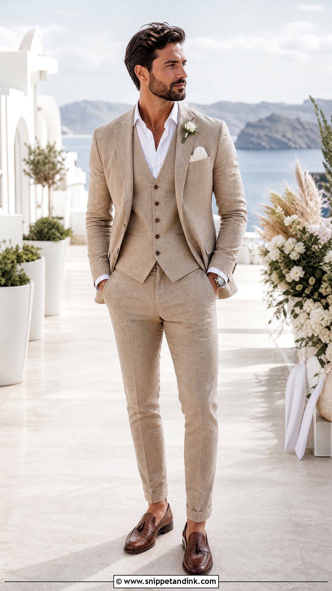 Tan Linen Suit With Vest and No Tie - Snippet and Ink - 20 Tan Linen Suit Wedding Ideas