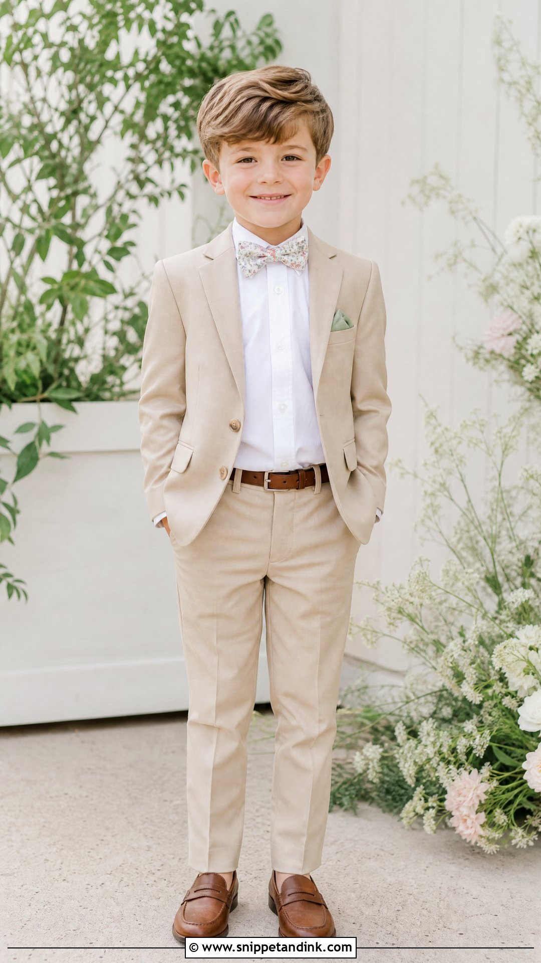 Tan Page Boy Suit With Floral Bow Tie - Snippet and Ink - 20 Paige Boys Wedding Outfits