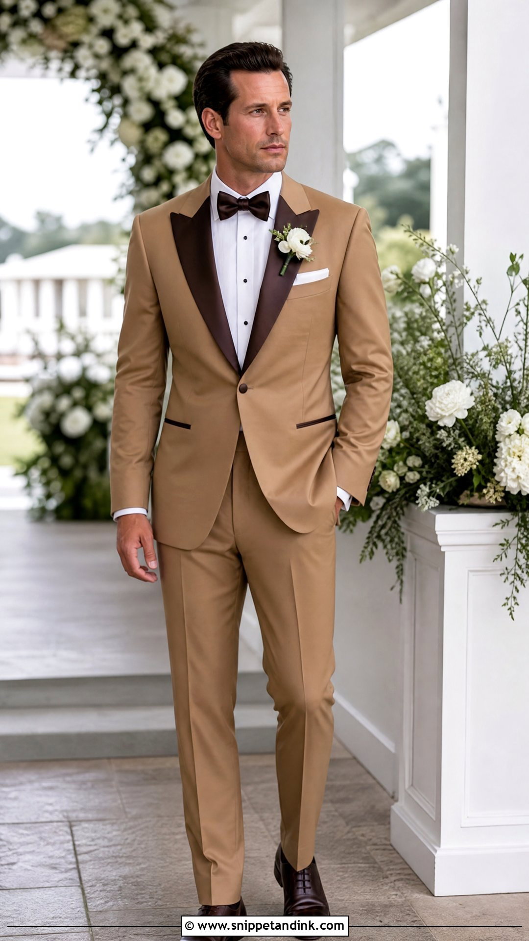 Tan Peak Lapel Tux With Chocolate Brown Bow Tie - Snippet and Ink - 20 Tan Tux Wedding Ideas