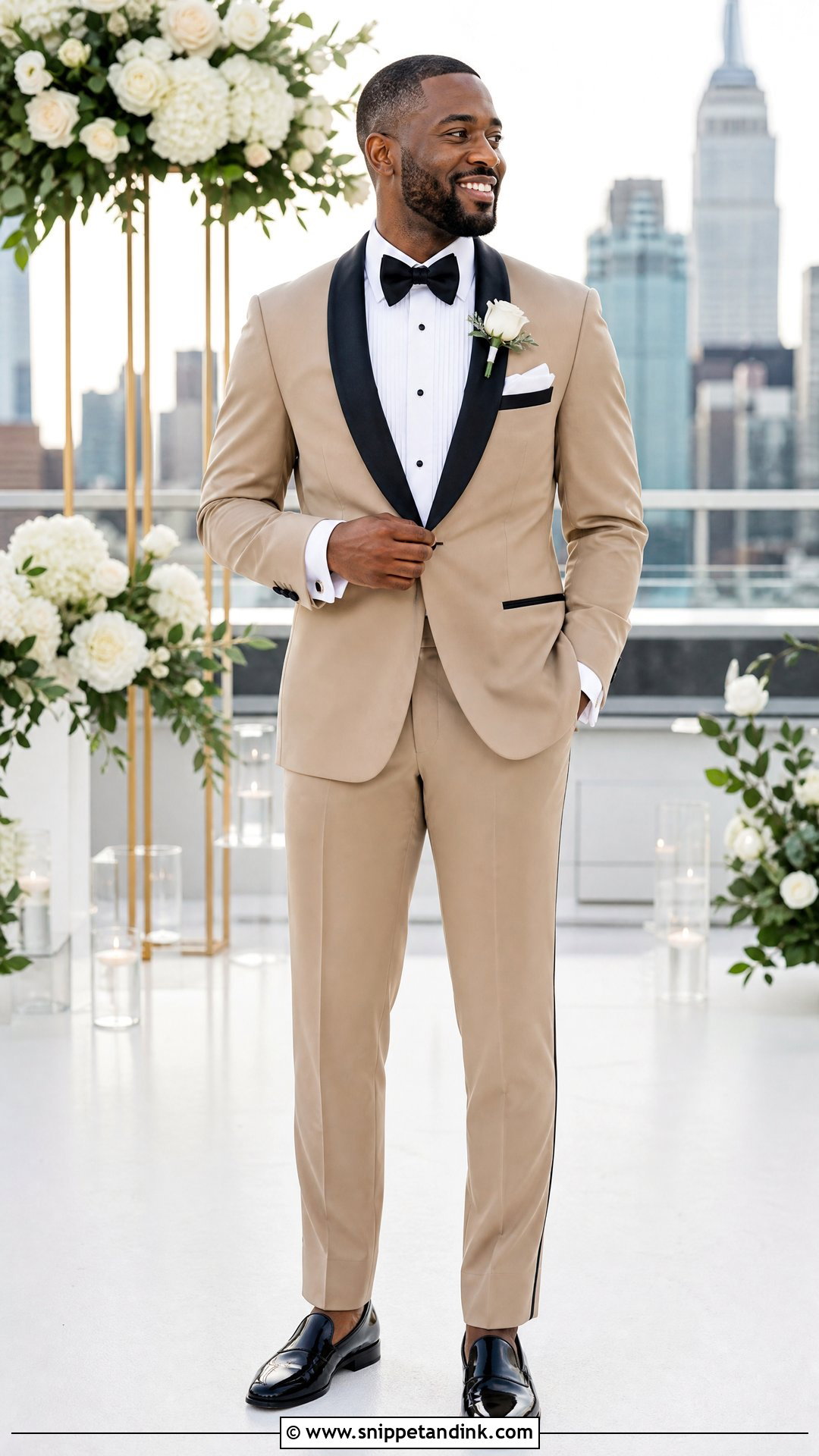 Tan Shawl Lapel Tux With Black Accessories - Snippet and Ink - 20 Tan Tux Wedding Ideas