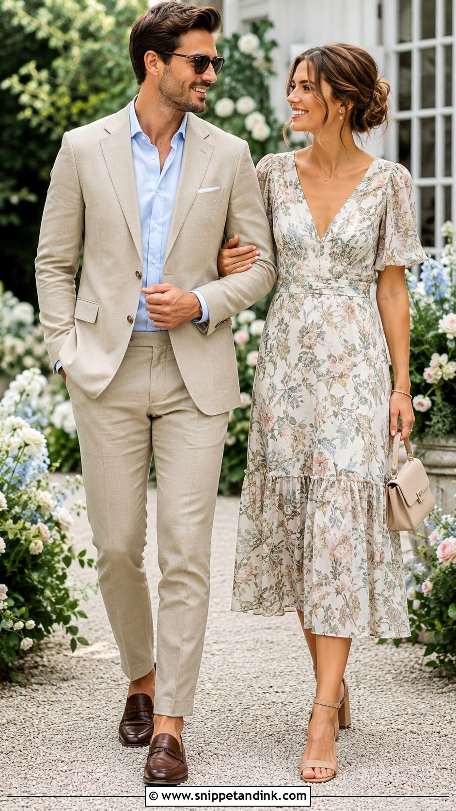 Tan Suit And Floral Midi Dress - Snippet and Ink - 20 Couple Suit and Dress Ideas