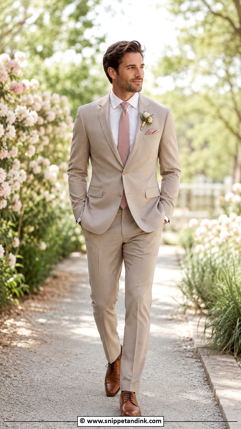 Tan Suit With Blush Pink Tie - Snippet and Ink - 30 Tan Suit Wedding Ideas