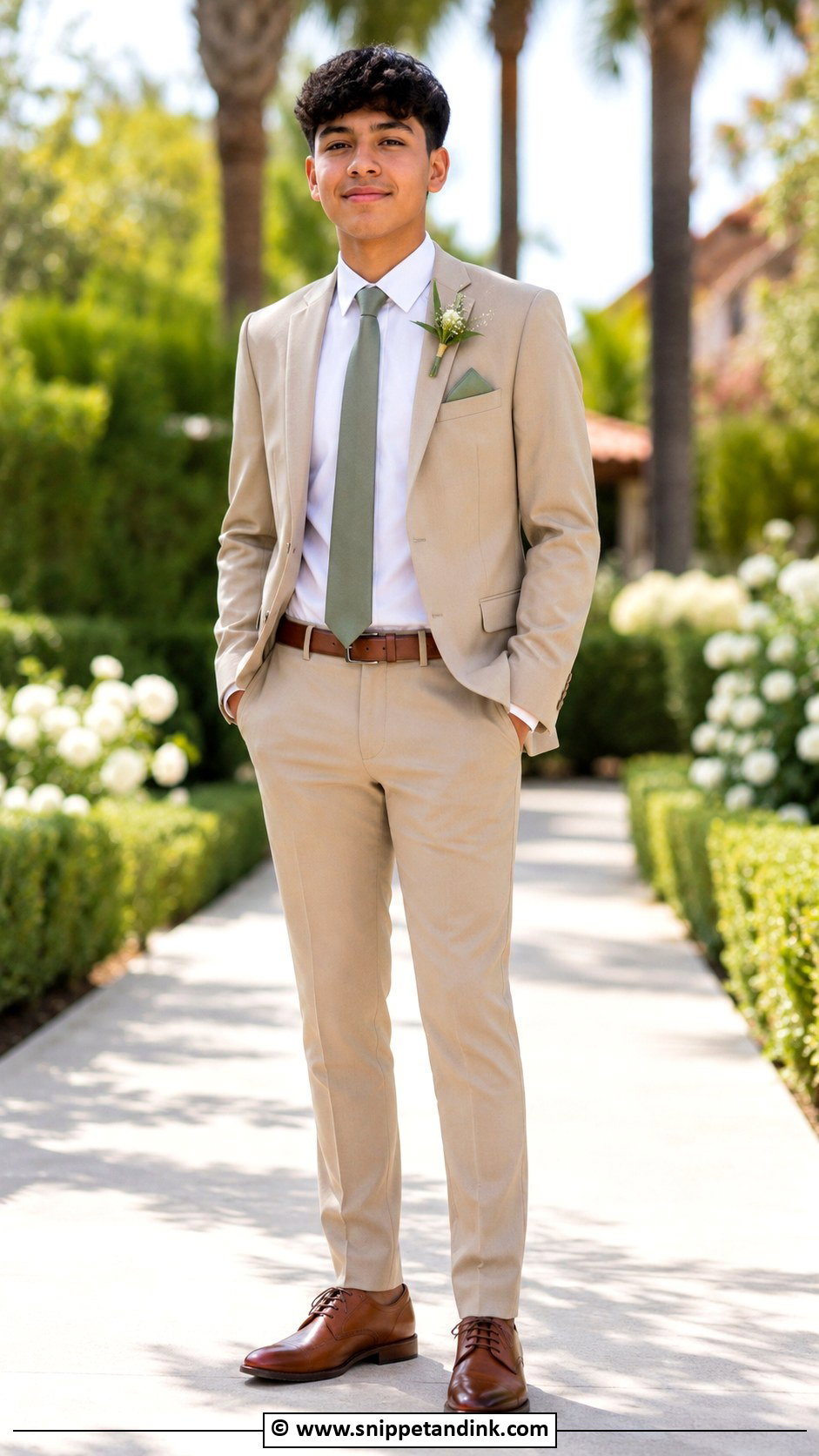 Tan Suit With Brown Shoes Chambelanes Outfit - Snippet and Ink - 25 Chambelanes Outfits