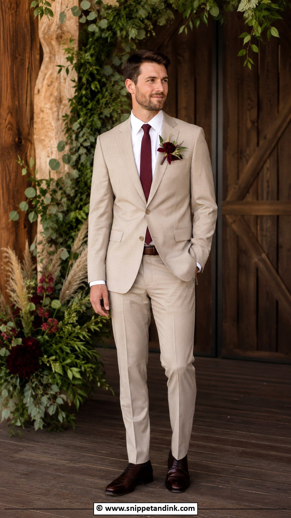 Tan Suit With Burgundy Tie - Snippet and Ink - 30 Tan Suit Wedding Ideas