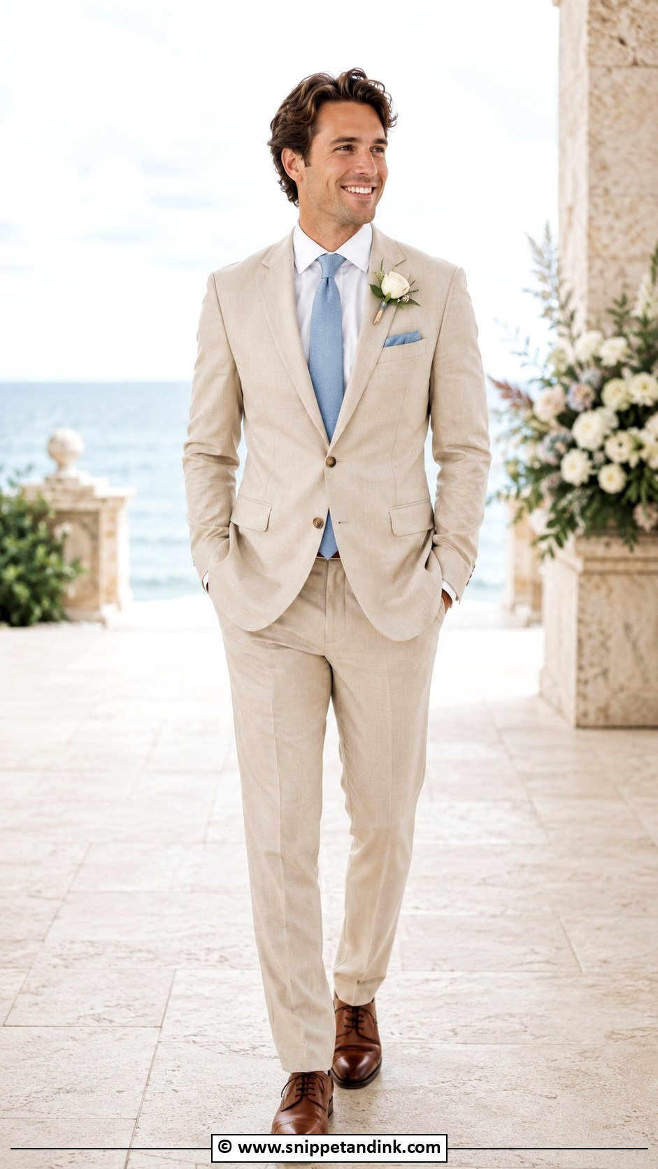 Tan Suit With Dusty Blue Tie - Snippet and Ink - 30 Tan Suit Wedding Ideas