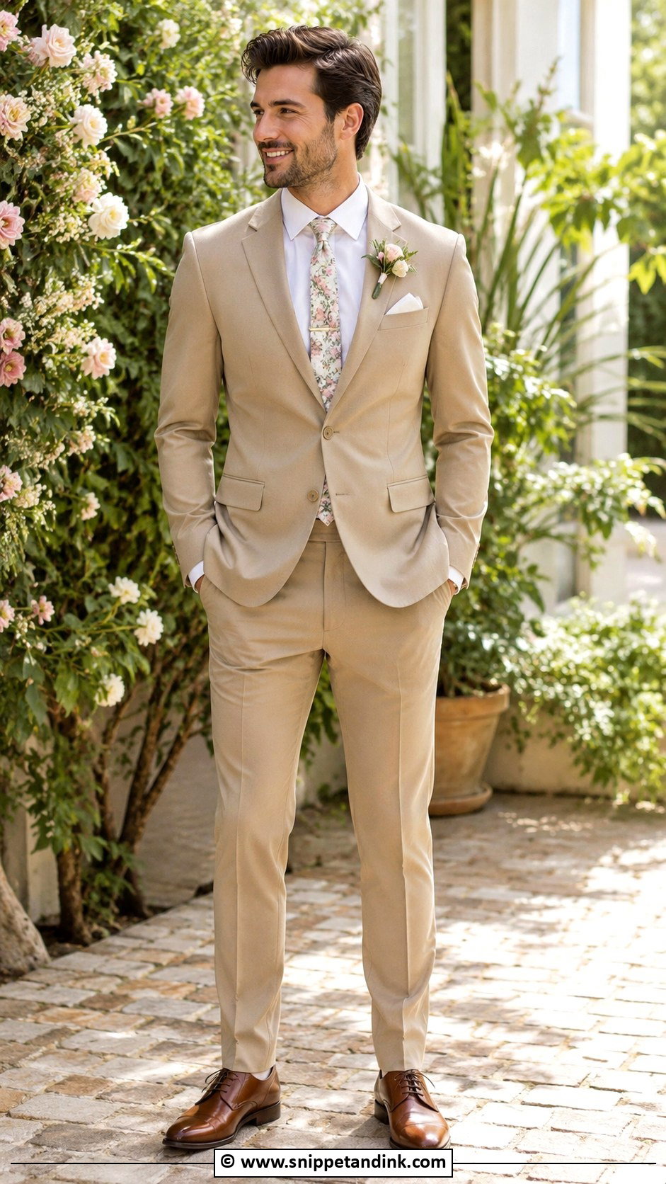 Tan Suit With Floral Tie - Snippet and Ink - 30 Tan Suit Wedding Ideas