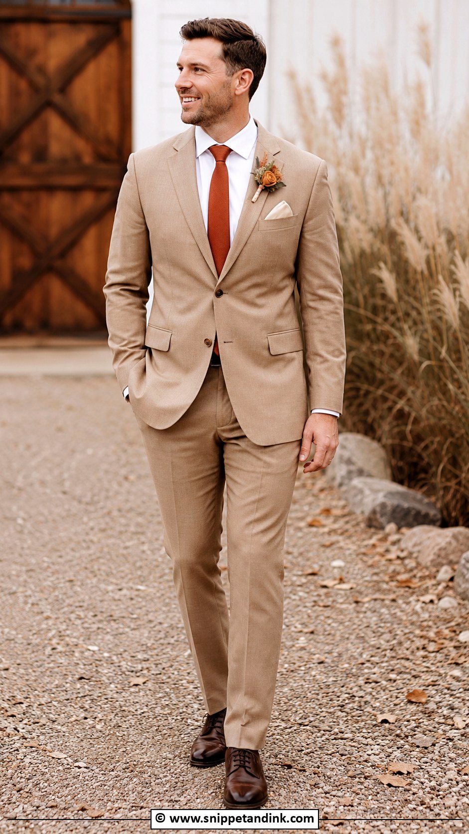 Tan Suit With Terracotta Tie - Snippet and Ink - 30 Tan Suit Wedding Ideas