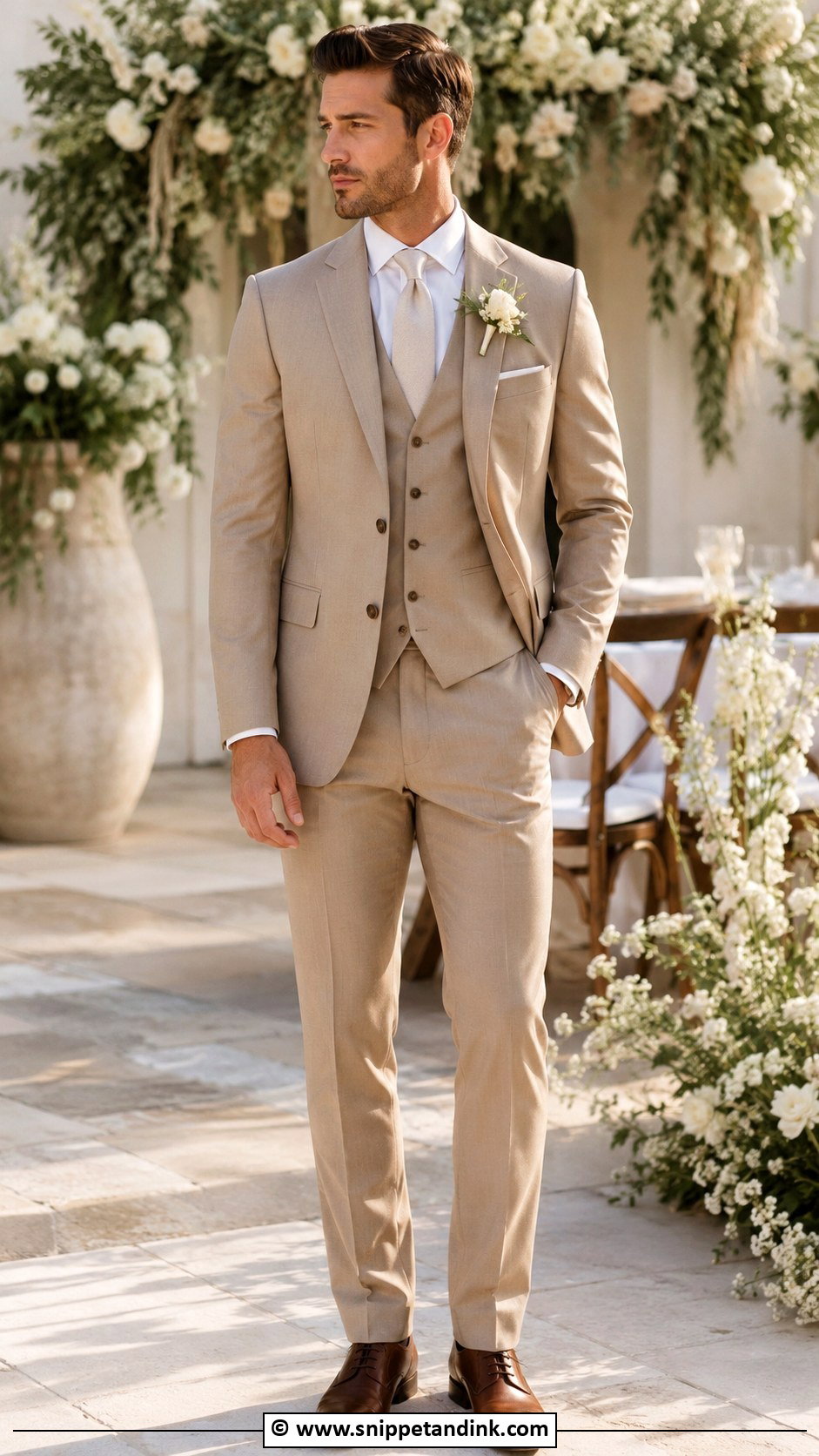 Tan Three Piece Suit Wedding Outfit - Snippet and Ink - 30 Tan Suit Wedding Ideas