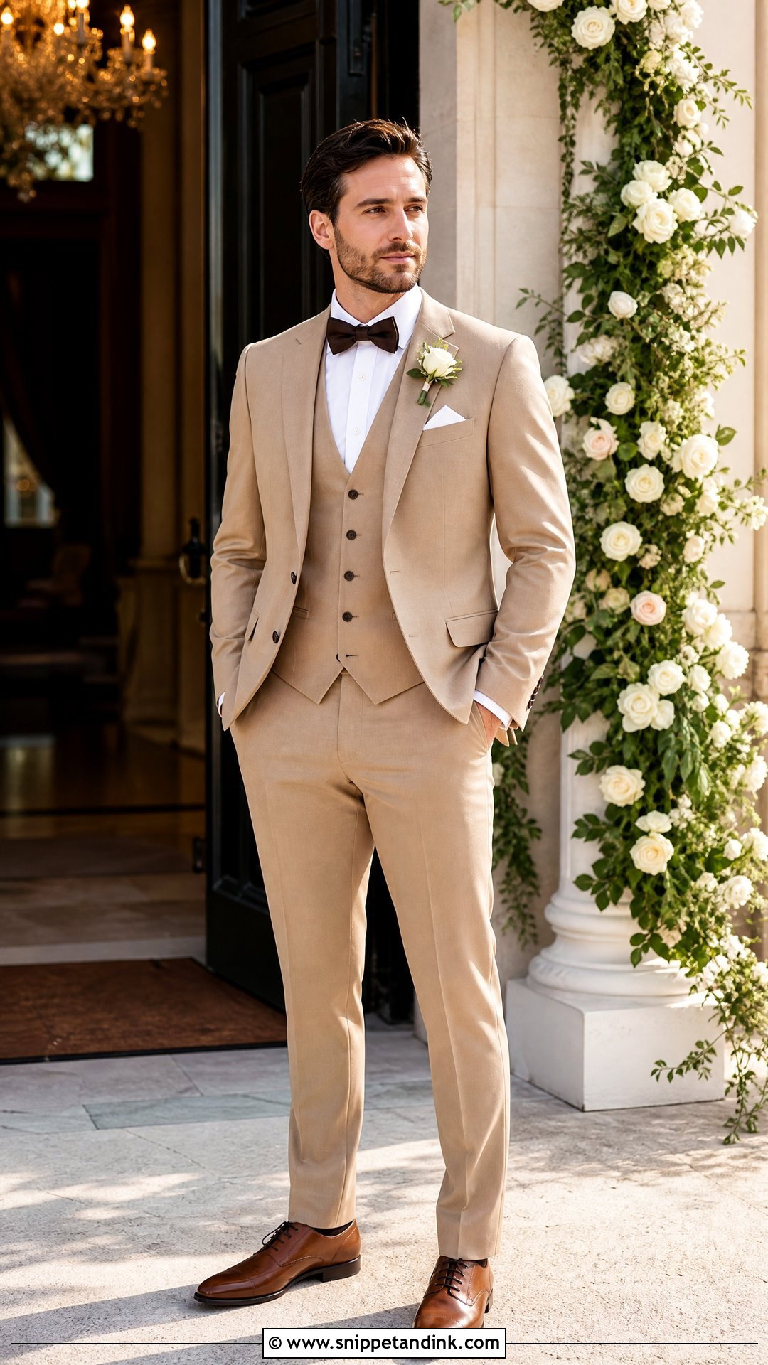 Tan Three Piece Tux With Matching Vest - Snippet and Ink - 20 Tan Tux Wedding Ideas