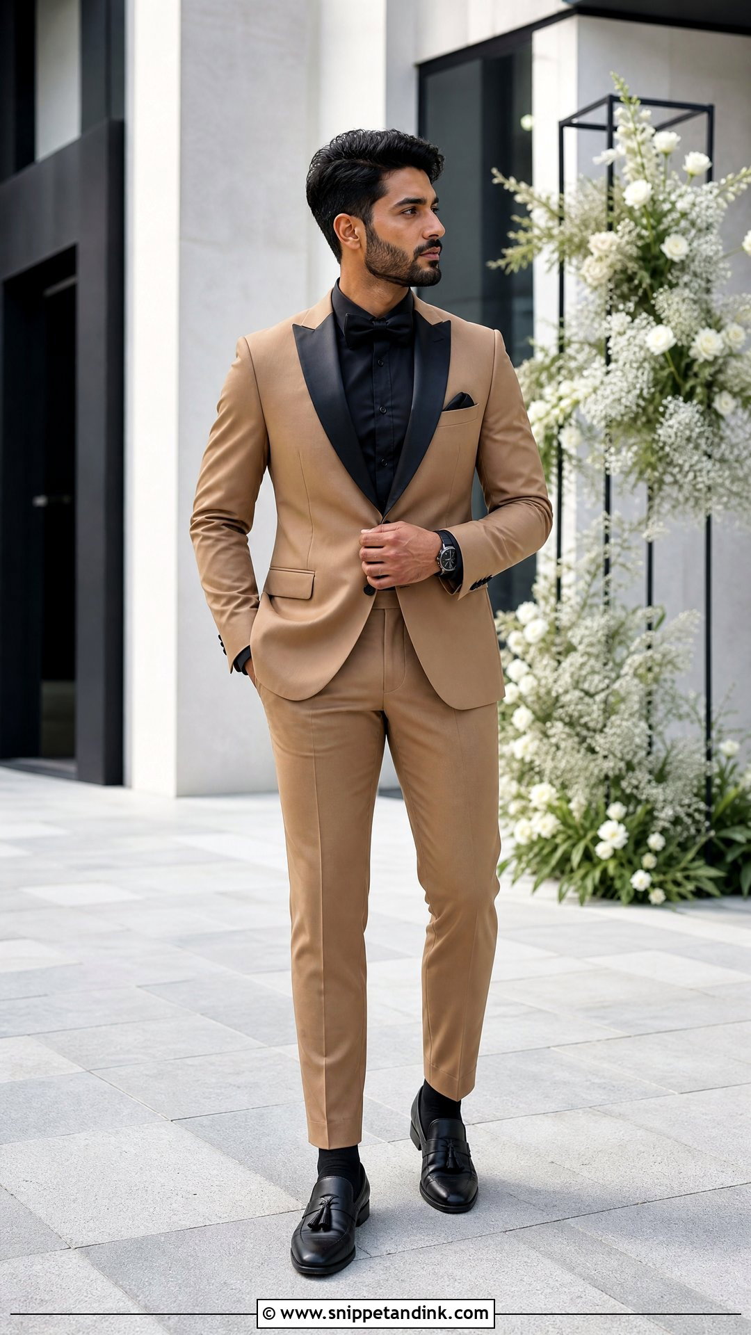 Tan Tux With Black Shirt And Black Loafers - Snippet and Ink - 20 Tan Tux Wedding Ideas
