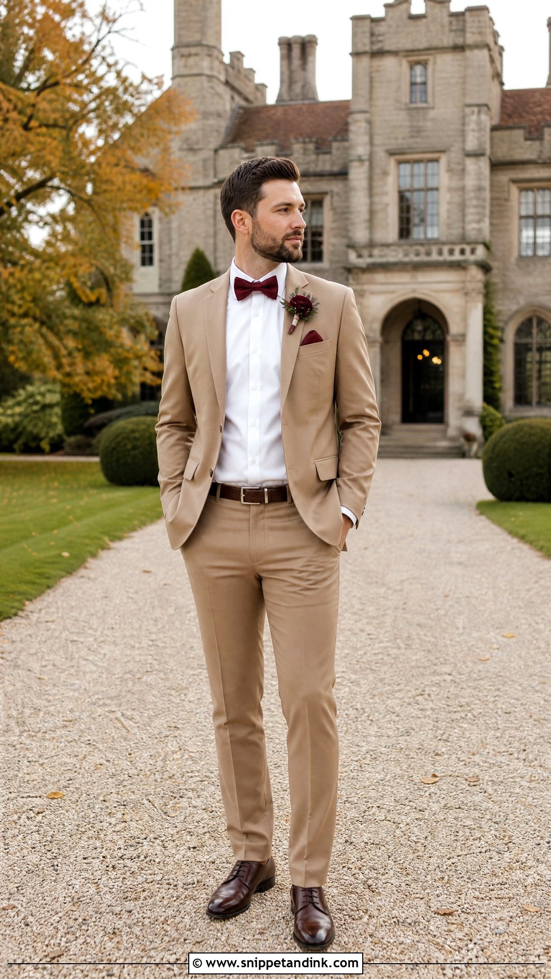 Tan Tux With Burgundy Bow Tie And Brown Oxfords - Snippet and Ink - 20 Tan Tux Wedding Ideas