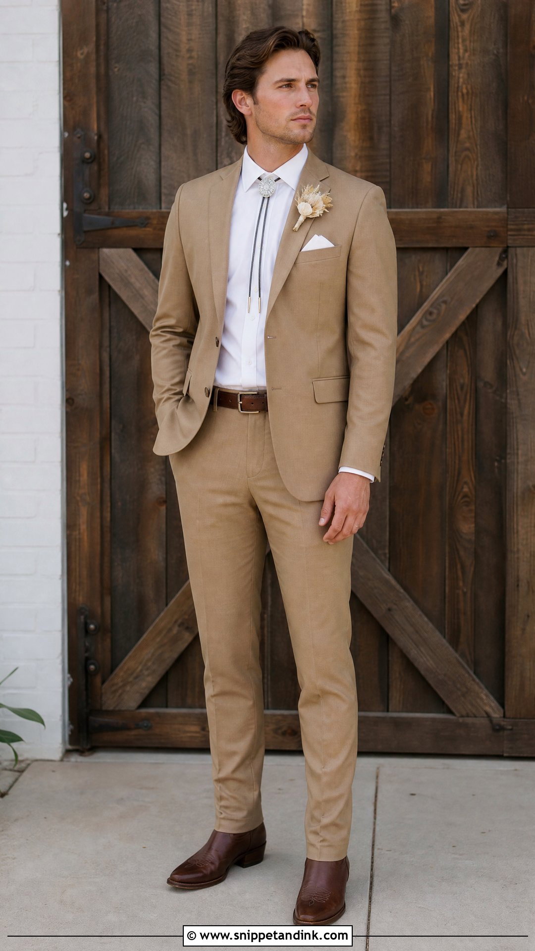 Tan Tux With Cowboy Boots And Bolo Tie - Snippet and Ink - 20 Tan Tux Wedding Ideas