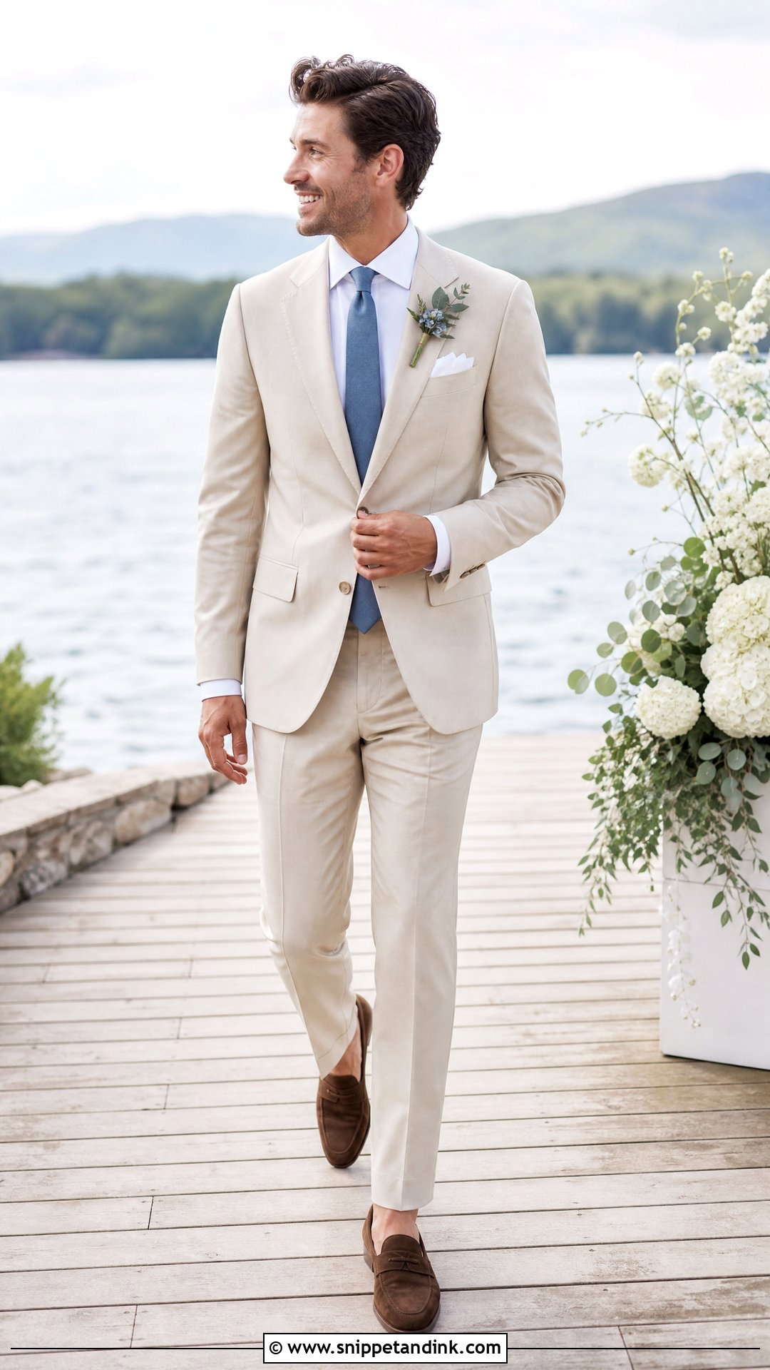 Tan Tux With Dusty Blue Tie And Suede Loafers - Snippet and Ink - 20 Tan Tux Wedding Ideas