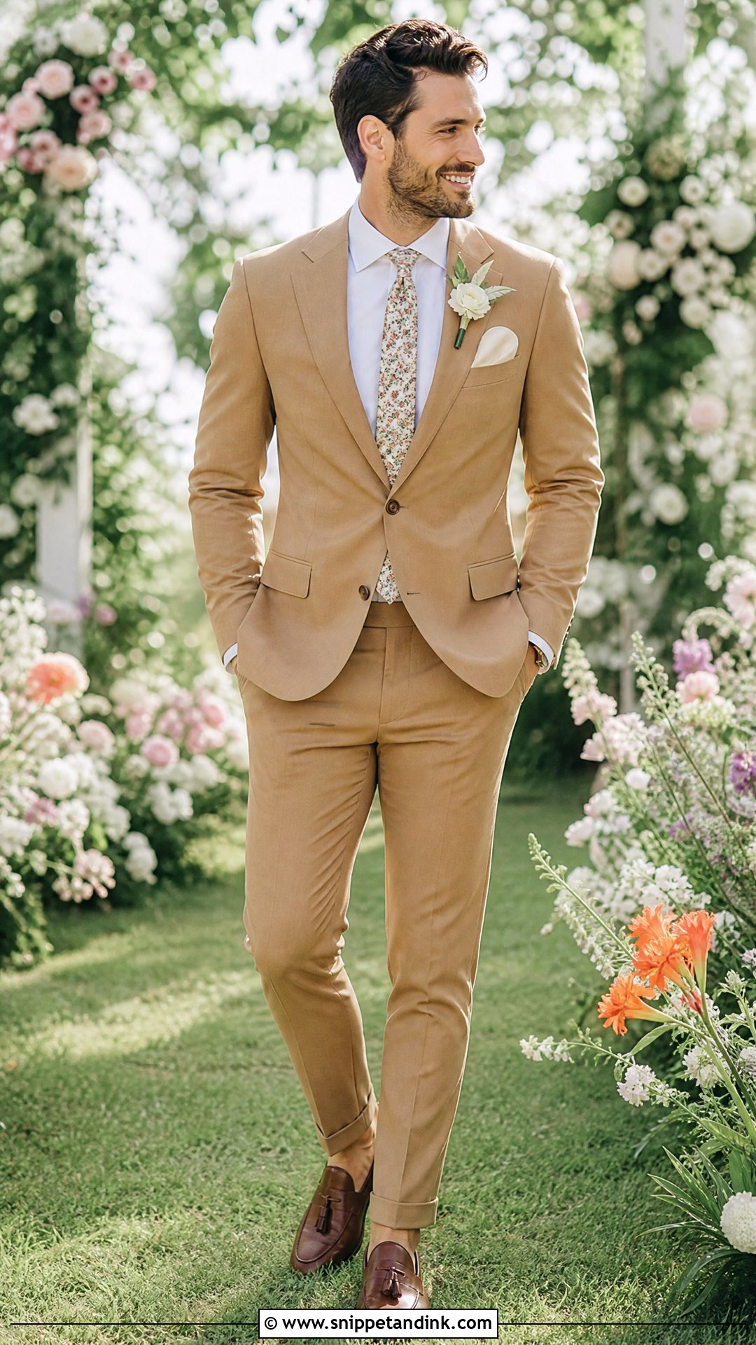 Tan Tux With Floral Tie And Leather Loafers - Snippet and Ink - 20 Tan Tux Wedding Ideas