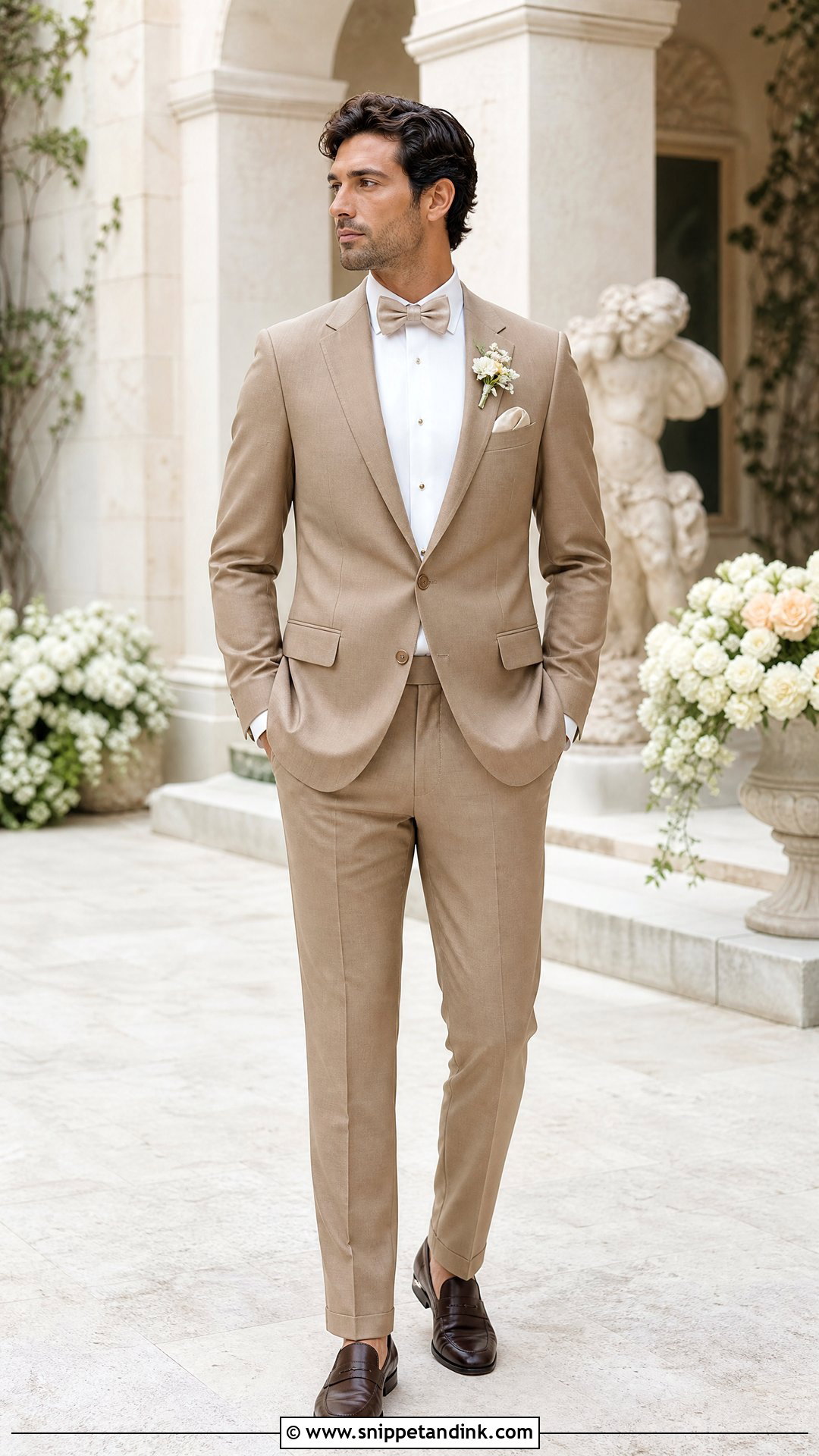 Tan Tux With Ivory Shirt And Champagne Bow Tie - Snippet and Ink - 20 Tan Tux Wedding Ideas