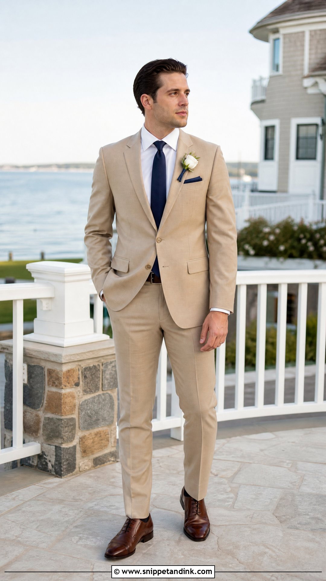 Tan Tux With Navy Tie And Dark Brown Shoes - Snippet and Ink - 20 Tan Tux Wedding Ideas