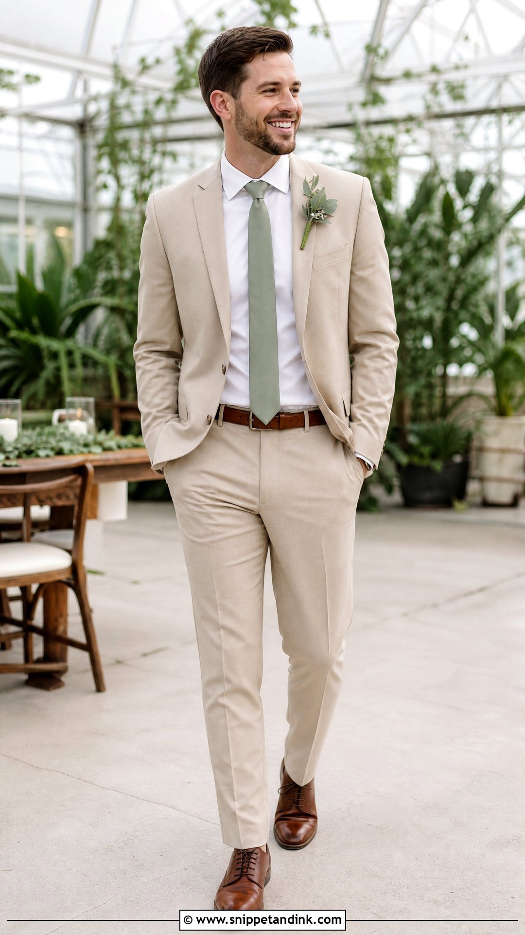 Tan Tux With Sage Green Tie And Brown Shoes - Snippet and Ink - 20 Tan Tux Wedding Ideas