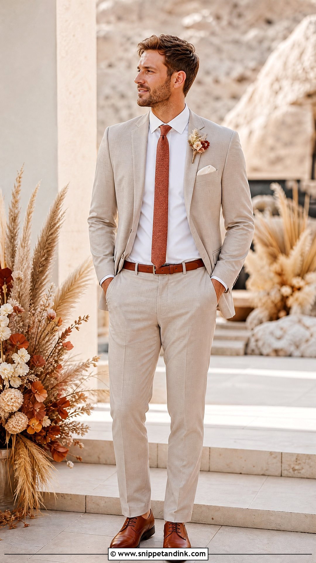 Tan Tux With Terracotta Tie And Cognac Shoes - Snippet and Ink - 20 Tan Tux Wedding Ideas