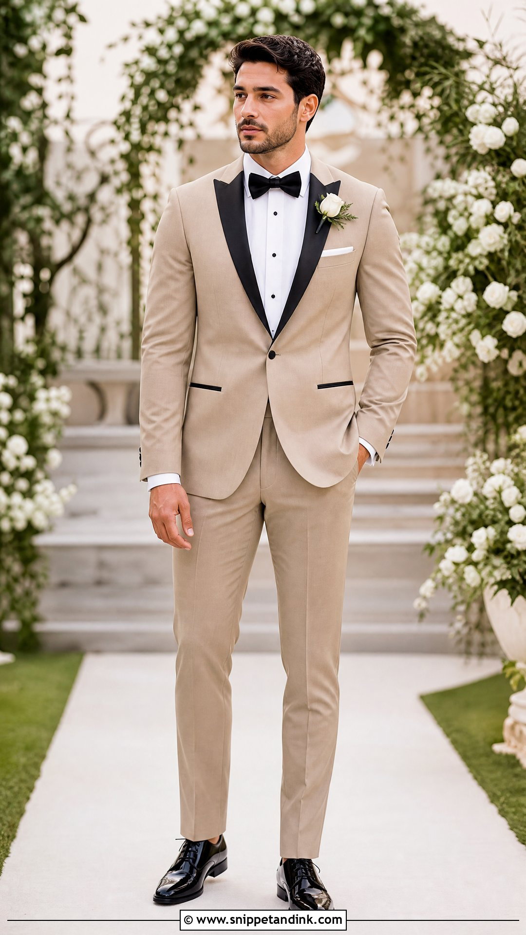 Tan Tux With White Shirt And Black Bow Tie - Snippet and Ink - 20 Tan Tux Wedding Ideas