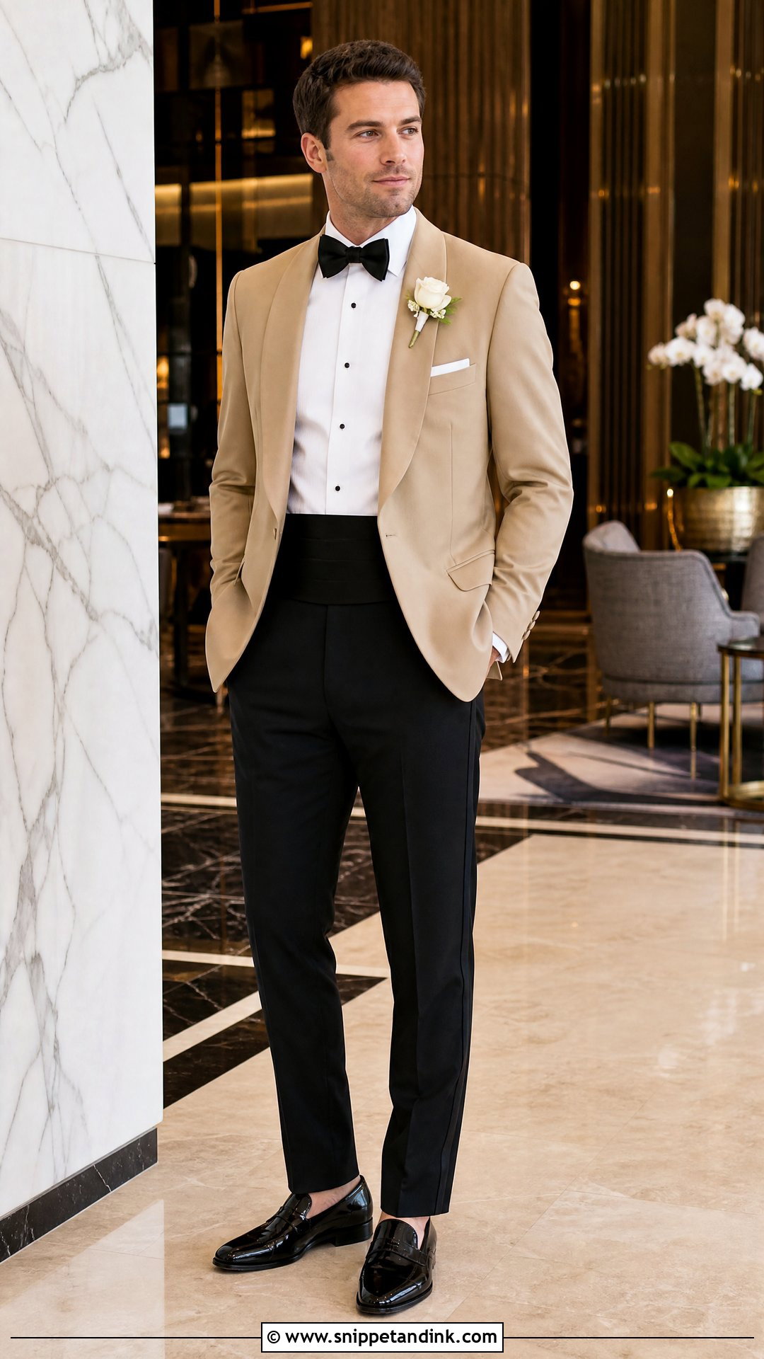 Tan Tux With White Shirt And Black Trousers - Snippet and Ink - 20 Tan Tux Wedding Ideas