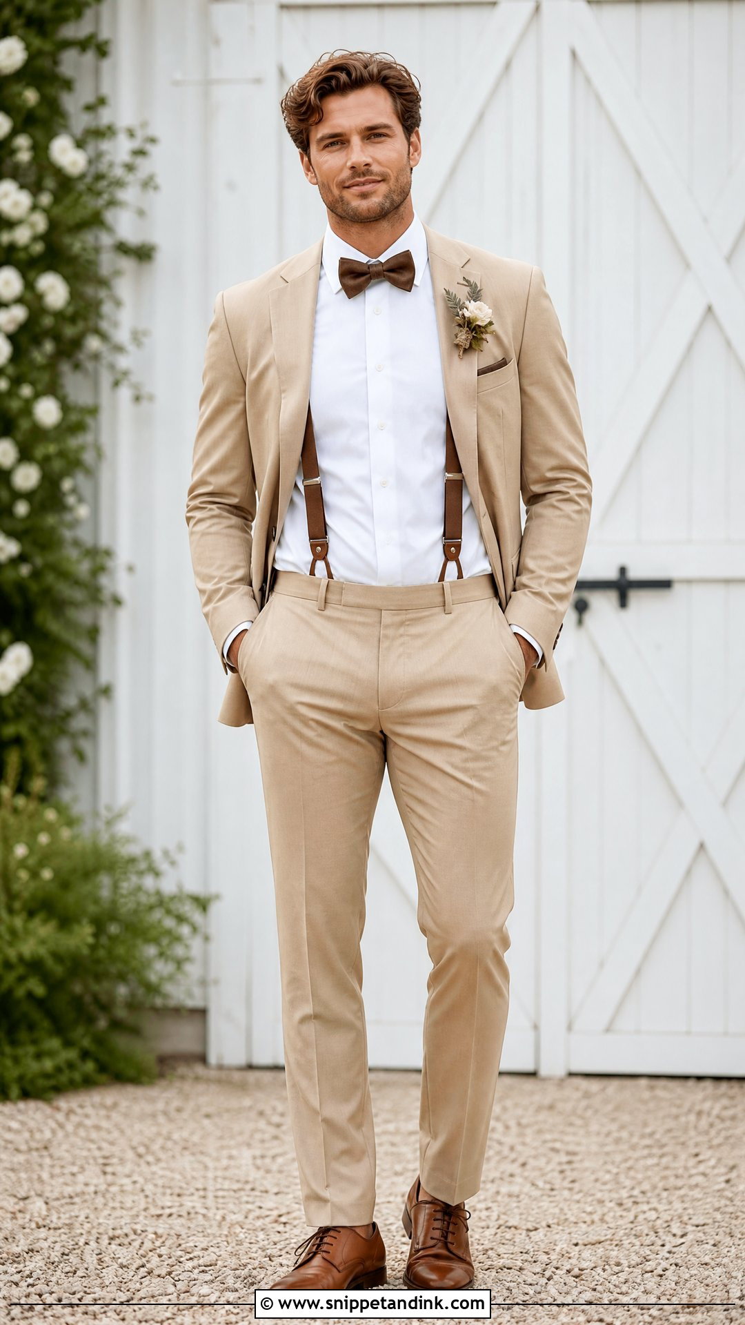 Tan Tux With White Shirt And Suspenders - Snippet and Ink - 20 Tan Tux Wedding Ideas