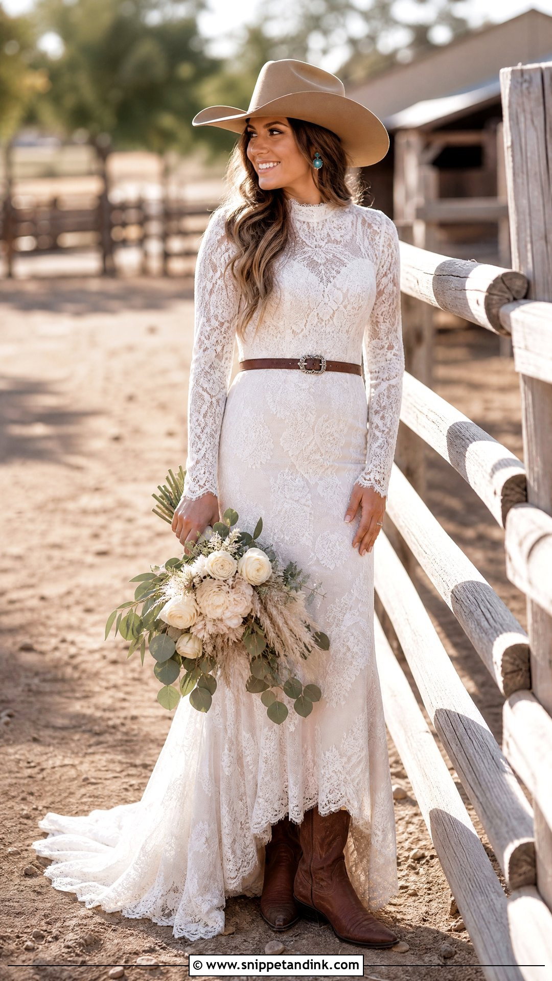 Tan Wedding Cowgirl Hat With Western Lace Dress - Snippet and Ink - 20 Wedding Cowgirl Hat Ideas