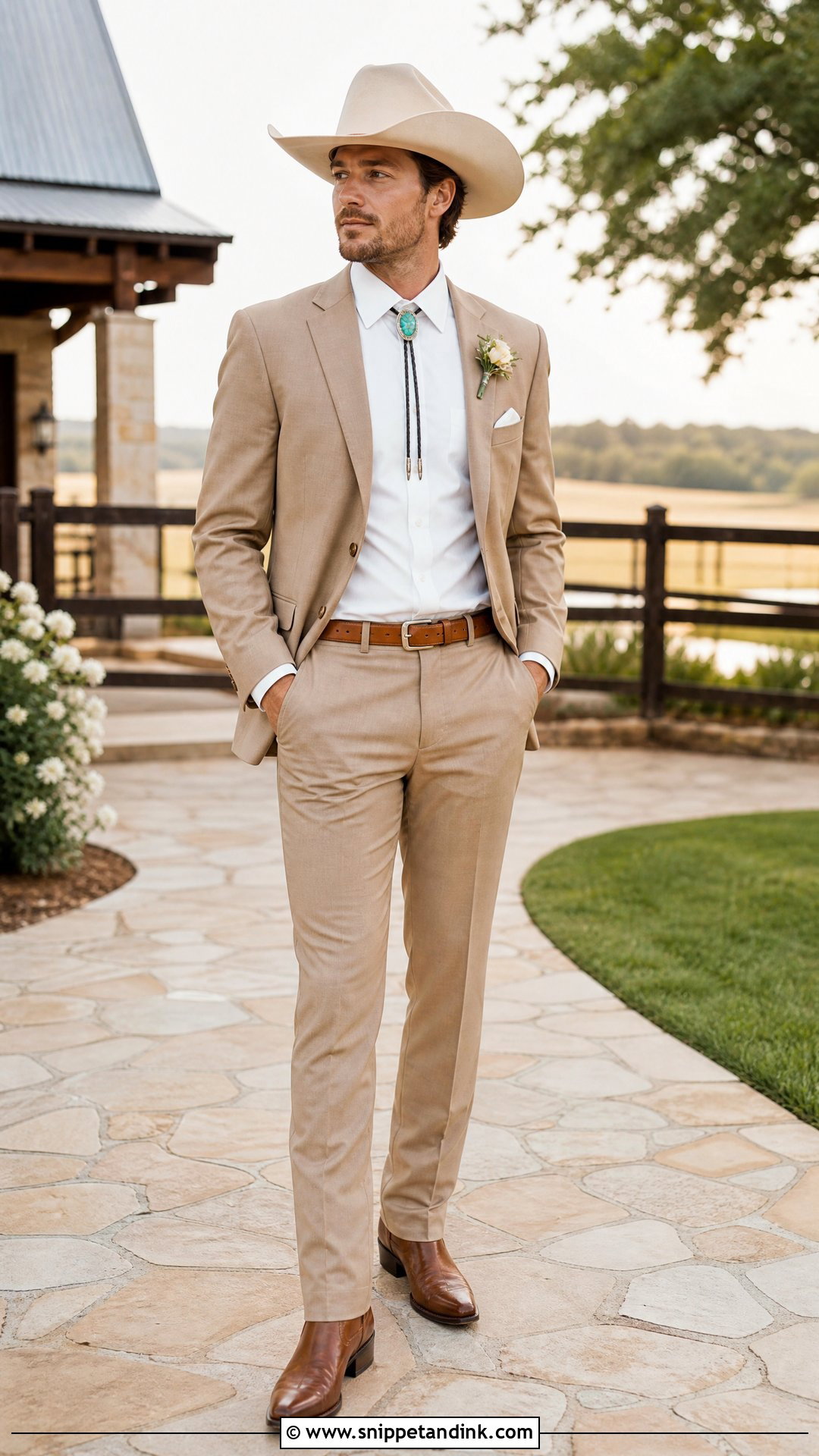 Tan Western Wedding Suit With Brown Cowboy Boots - Snippet and Ink - 20 Western Wedding Suit Ideas