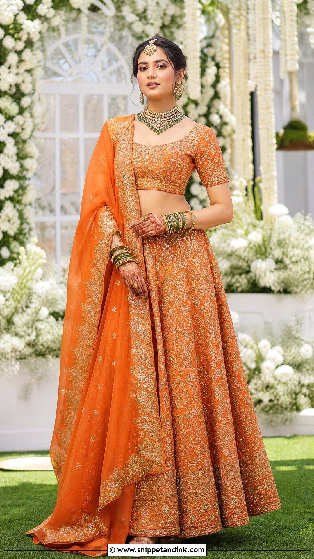 Tangerine Orange Bridal Lehenga With Green Jewelry - Snippet and Ink - 20 Orange Bridal Dress Ideas