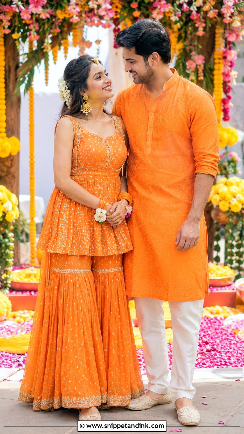 Tangerine Sharara And Kurta Haldi Outfits - Snippet and Ink - 20 Haldi Outfits for Couple