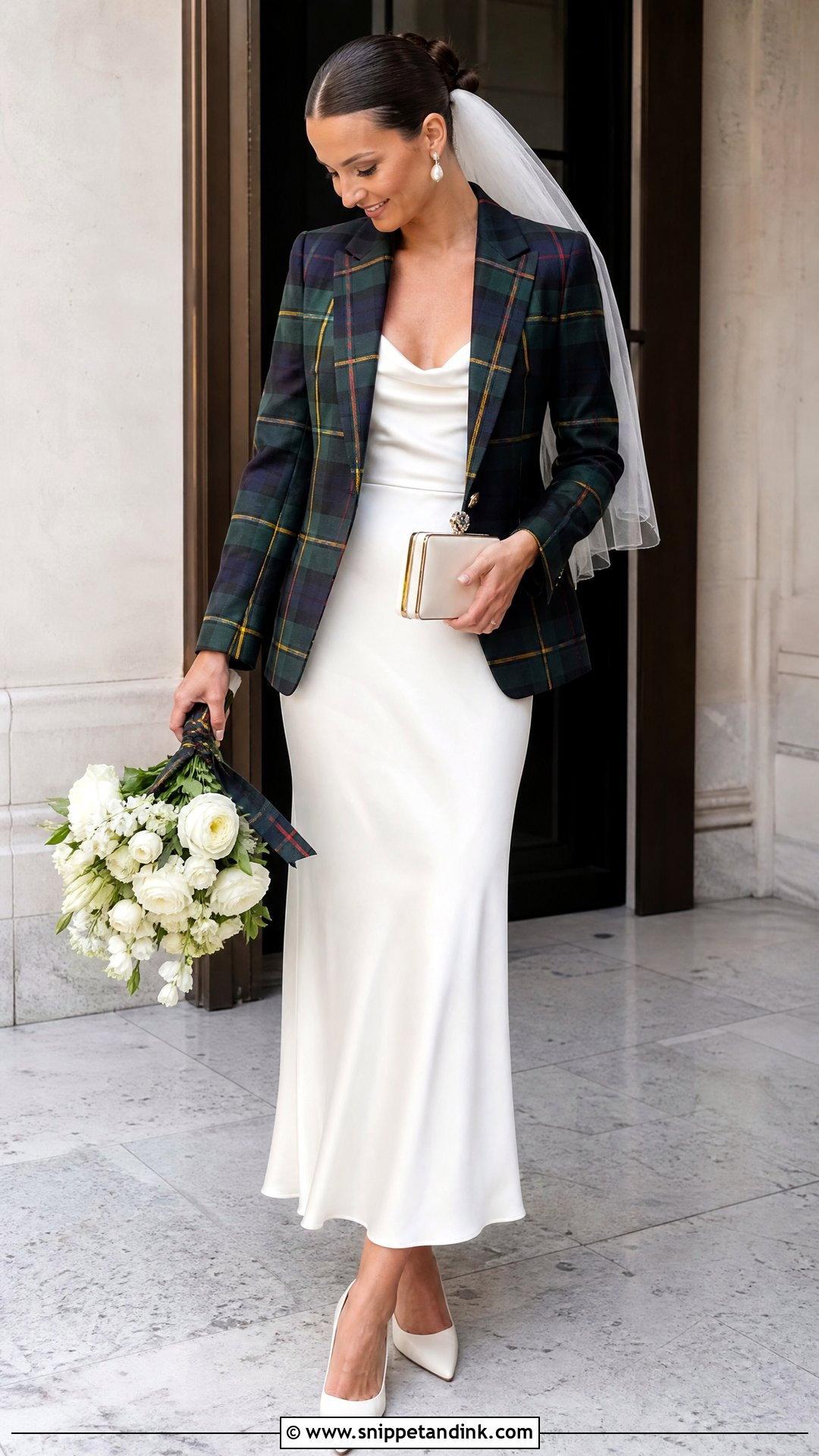 Tartan Bridal Jacket With Simple Wedding Dress - Snippet and Ink - 20 Tartan Wedding Dress Ideas