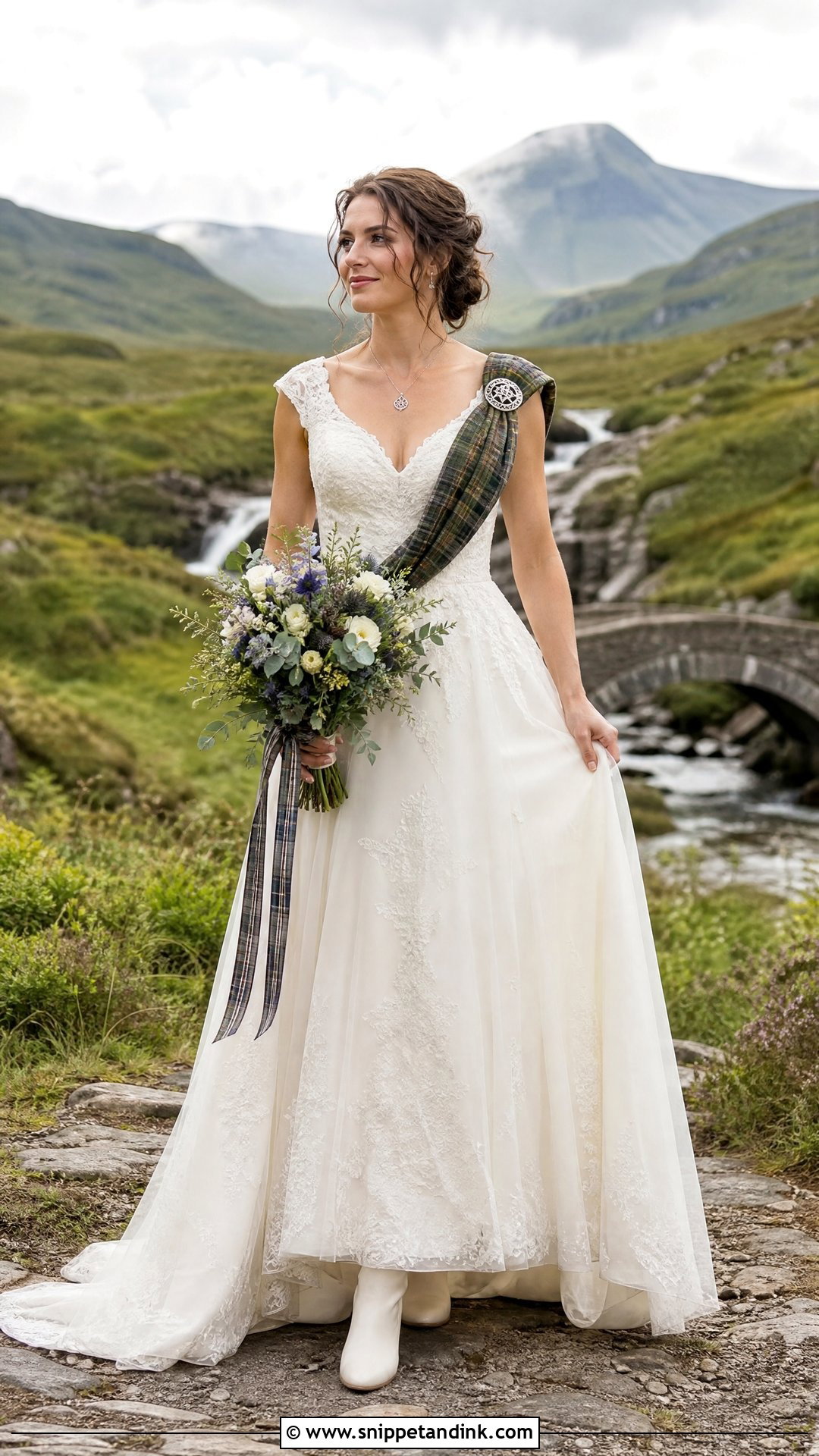 Tartan Sash Outlander Wedding Dress - Snippet and Ink - 20 Outlander Wedding Dress Ideas