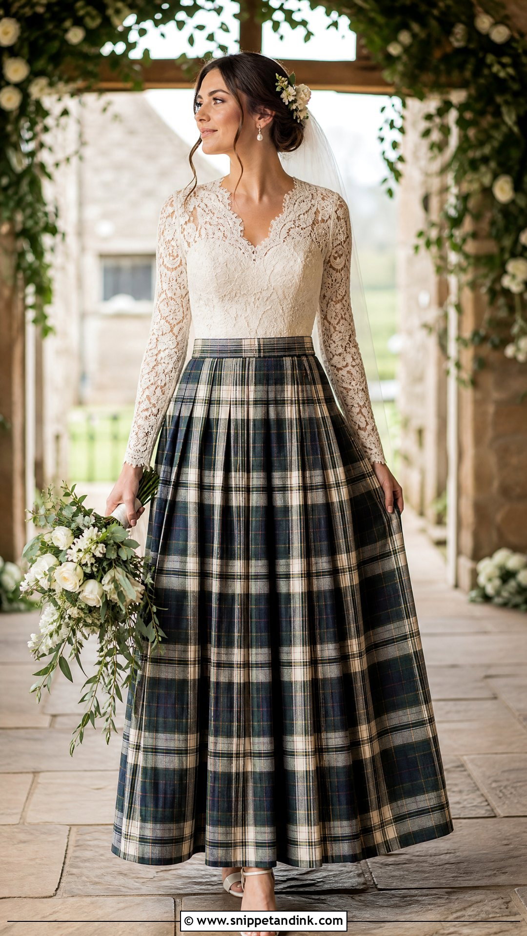 Tartan Skirt Wedding Dress With Lace Bodice - Snippet and Ink - 20 Tartan Wedding Dress Ideas
