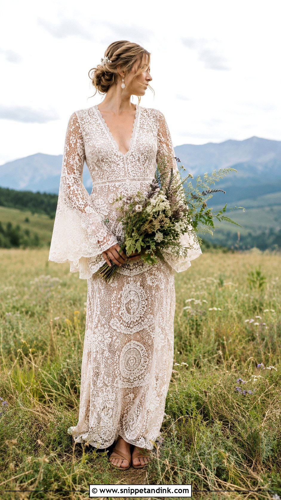 Taupe Crochet Bohemian Wedding Dress With Bell Sleeves - Snippet and Ink - 20 Earthy Wedding Dress Bohemian Ideas