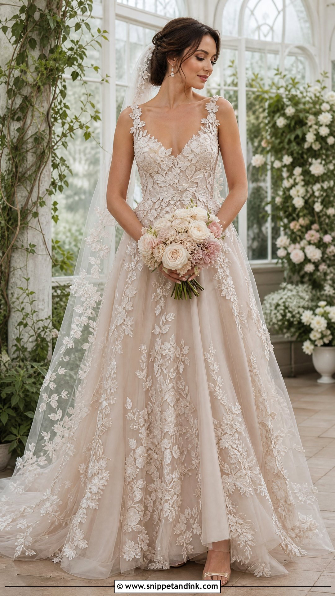 Taupe Floral Applique Wedding Dress - Snippet and Ink - 20 Taupe Wedding Dress Ideas