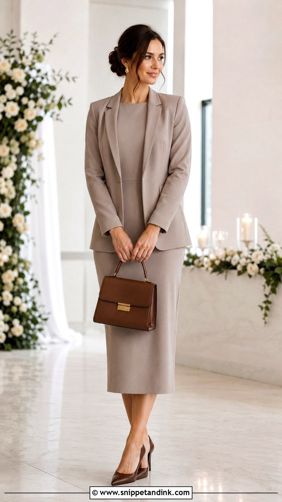 Taupe Midi Dress And Blazer Officiant Outfit - Snippet and Ink - 20 Female Officiant Attire Wedding Ideas