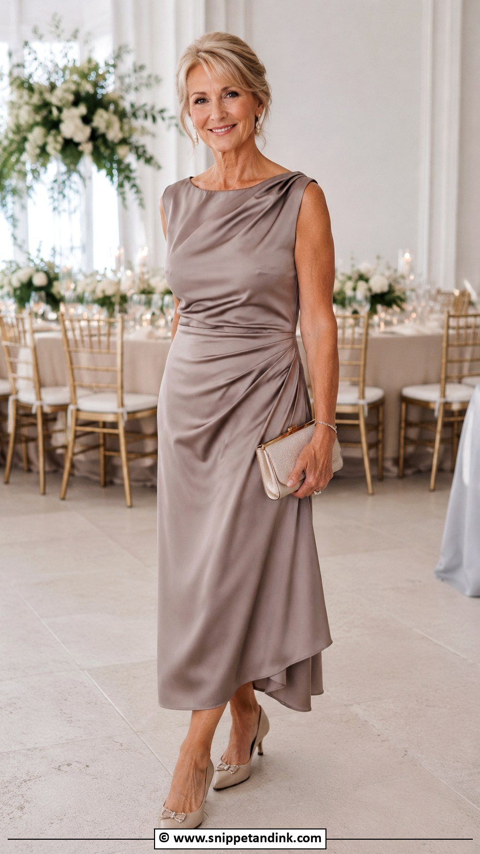 Taupe Satin Midi Dress Outfit - Snippet and Ink - 25 Grandma Wedding Outfit Ideas