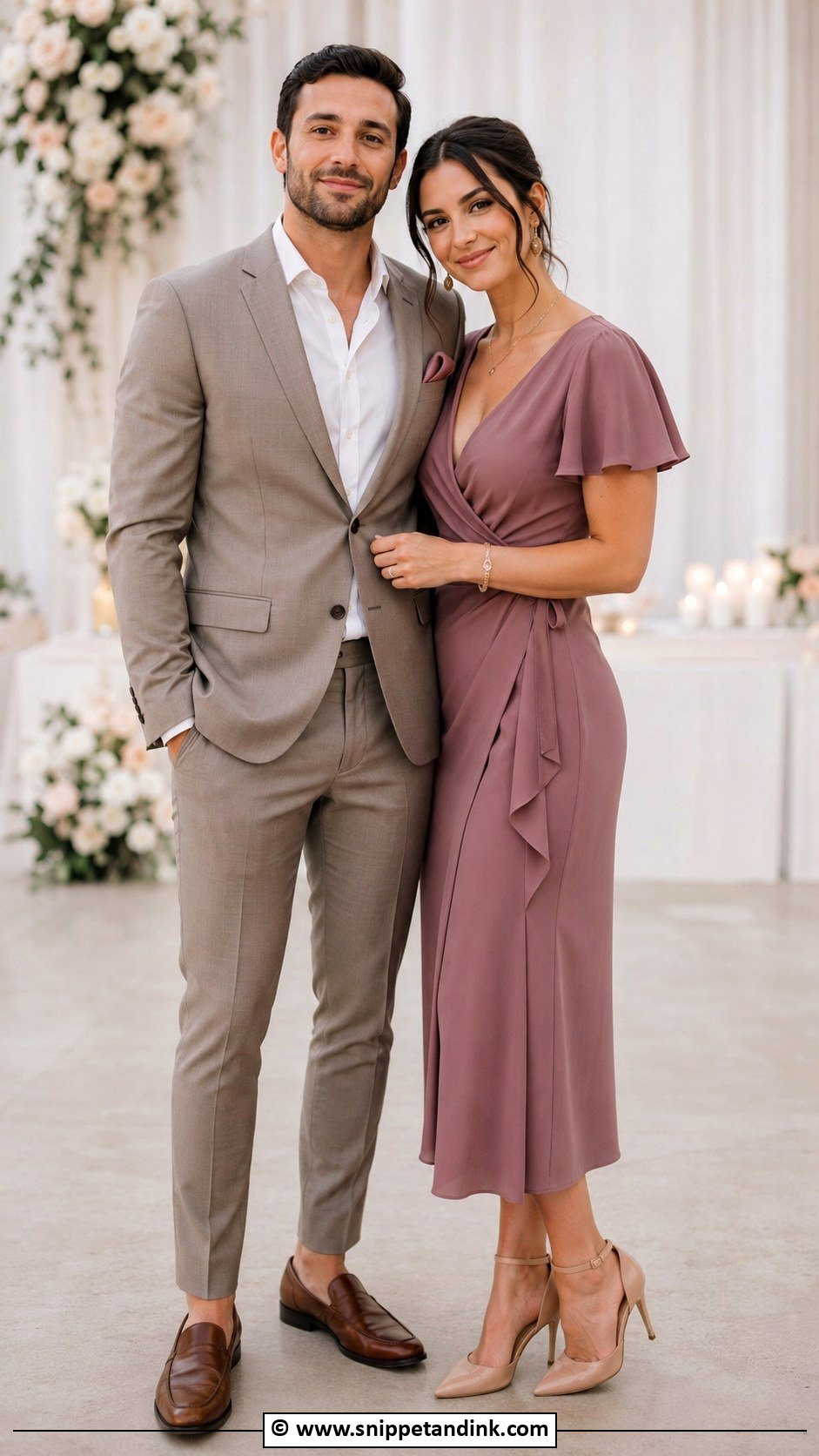 Taupe Suit And Mauve Dress Wedding Matching Outfit - Snippet and Ink - 35 Wedding Matching Outfits